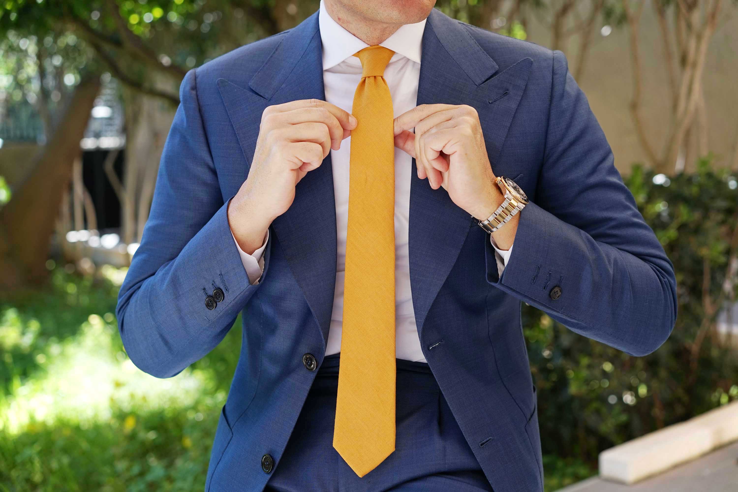 Mustard Yellow Slub Linen Skinny Tie - Image 9