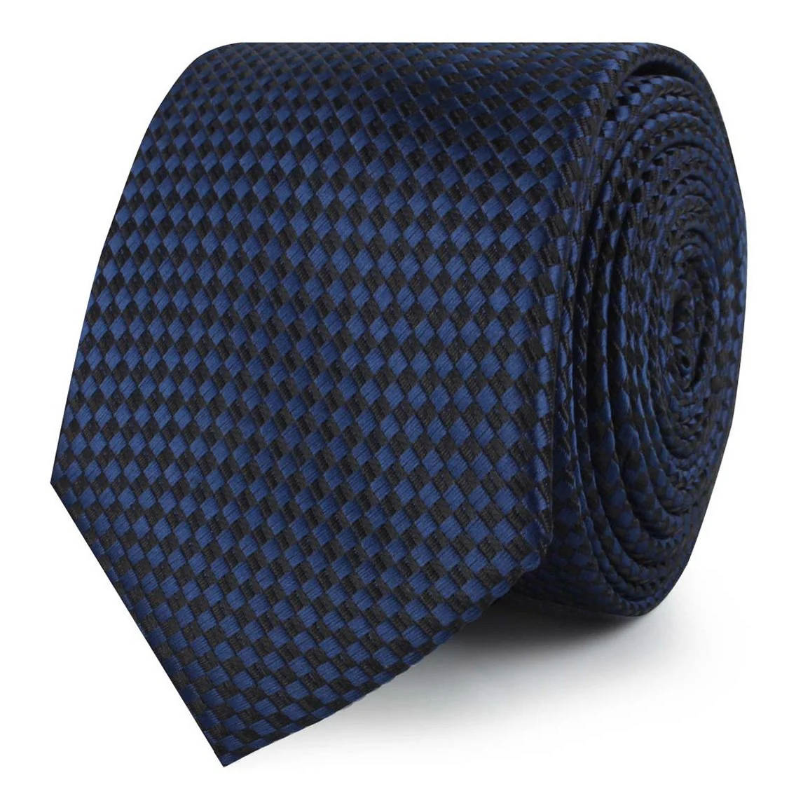Navy Blue Basket Weave Checkered Skinny Tie - Image 2