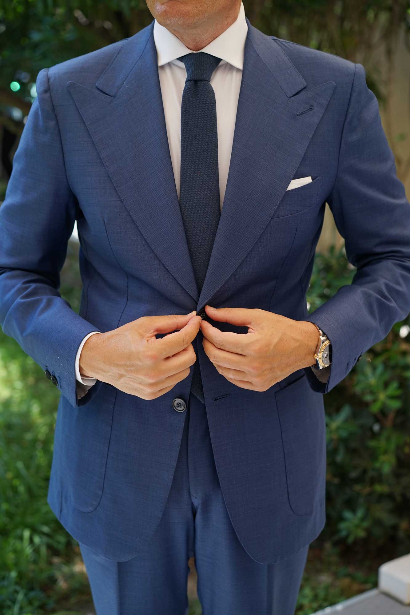 Navy Blue Basket Weave Linen Skinny Tie - Image 11