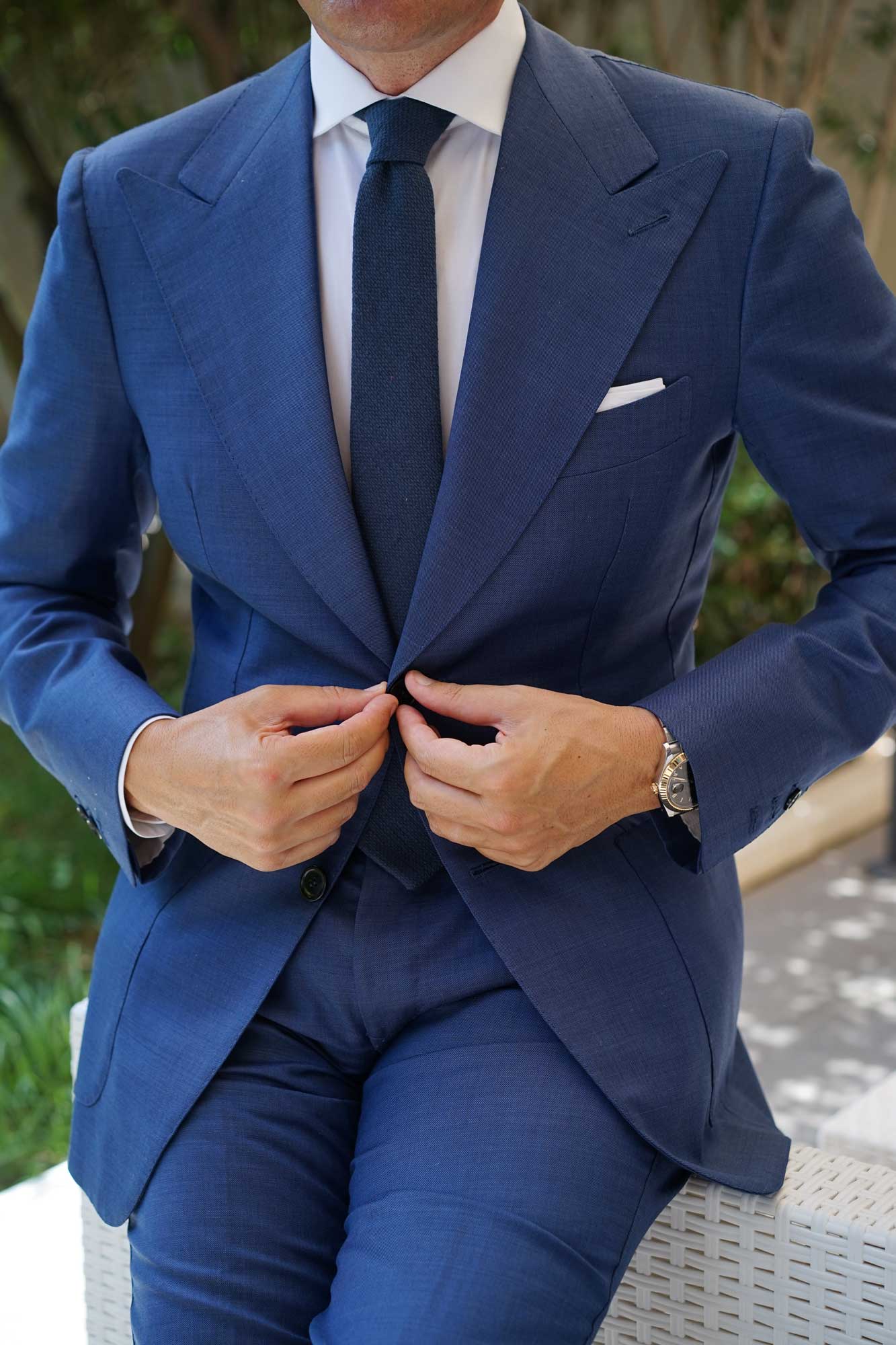Navy Blue Basket Weave Linen Skinny Tie - Image 7