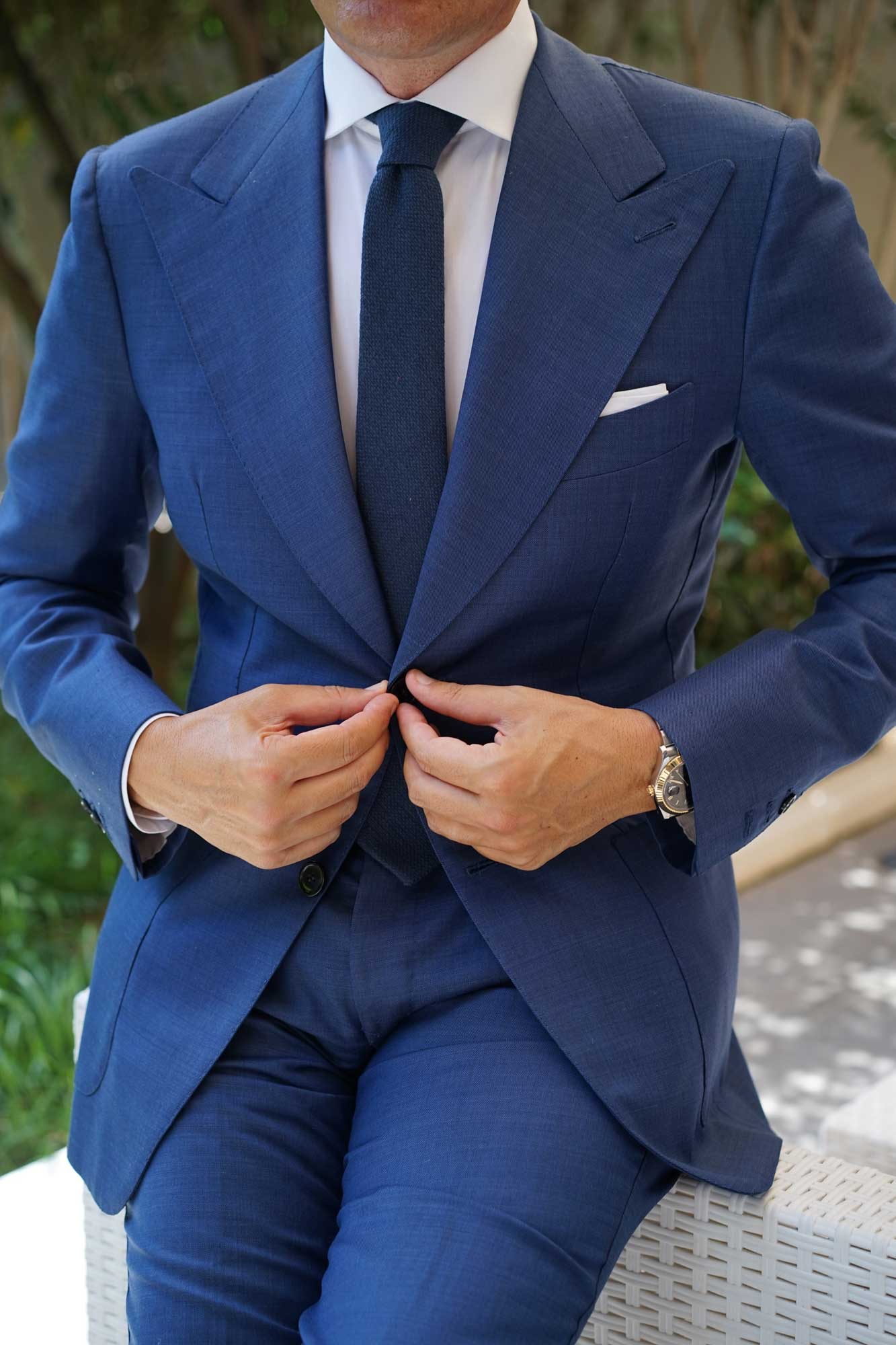 Navy Blue Basket Weave Linen Skinny Tie - Image 9