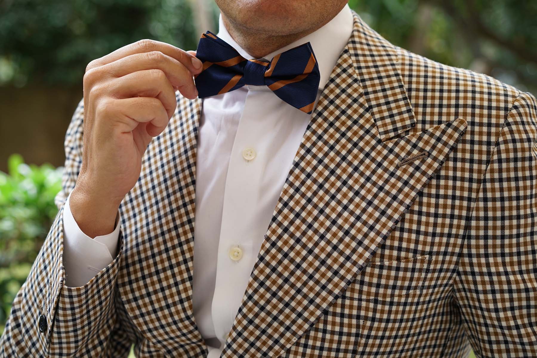 Navy Blue Bow Tie with Striped Brown - Image 3