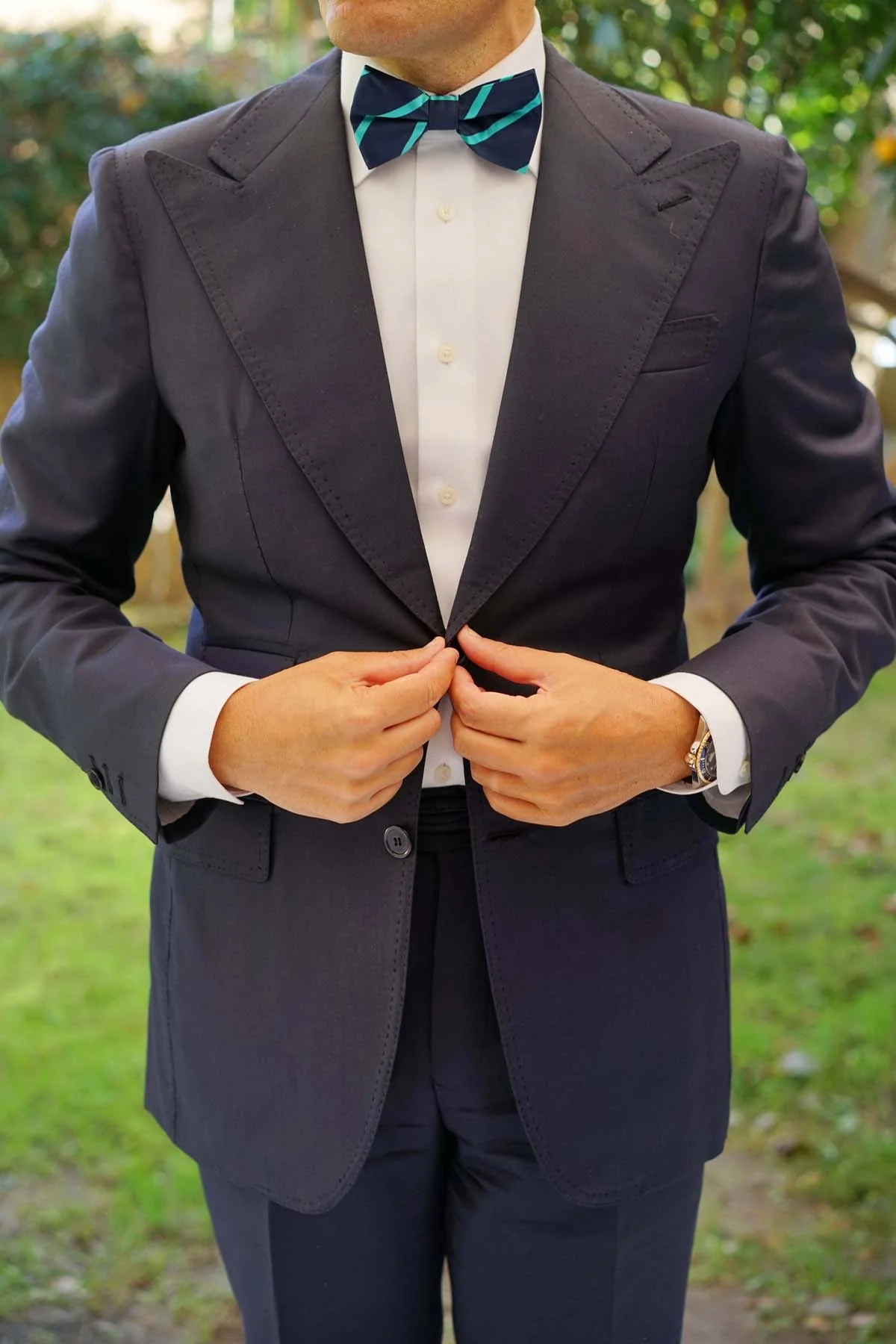 Navy Blue Bow Tie with Striped Light Blue - Image 4