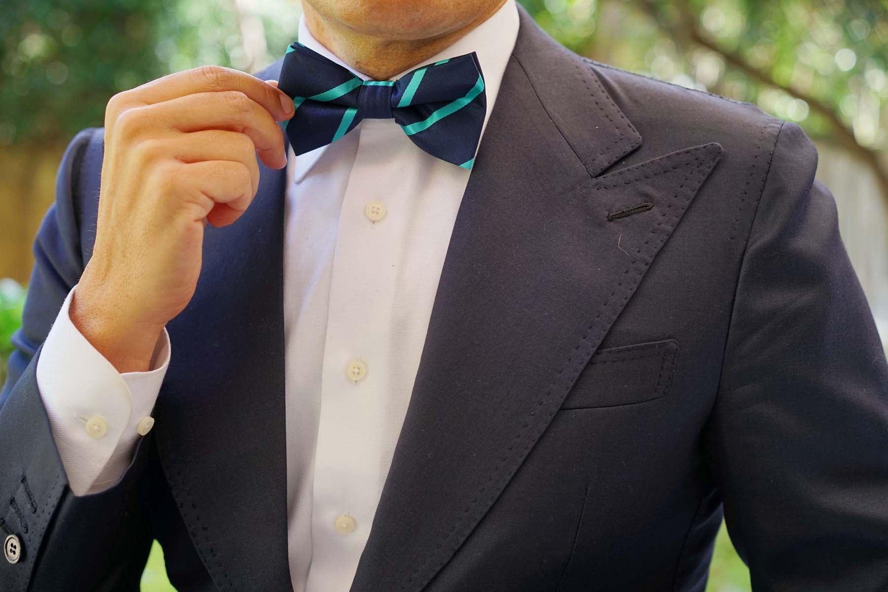Navy Blue Bow Tie with Striped Light Blue - Image 5