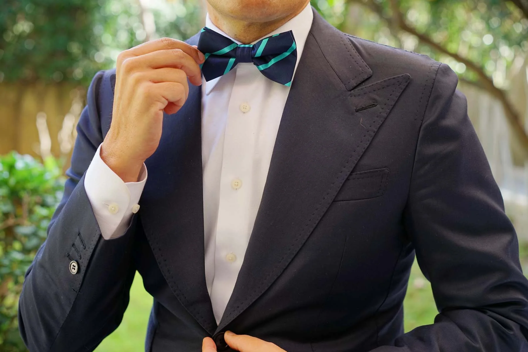 Navy Blue Bow Tie with Striped Light Blue - Image 6