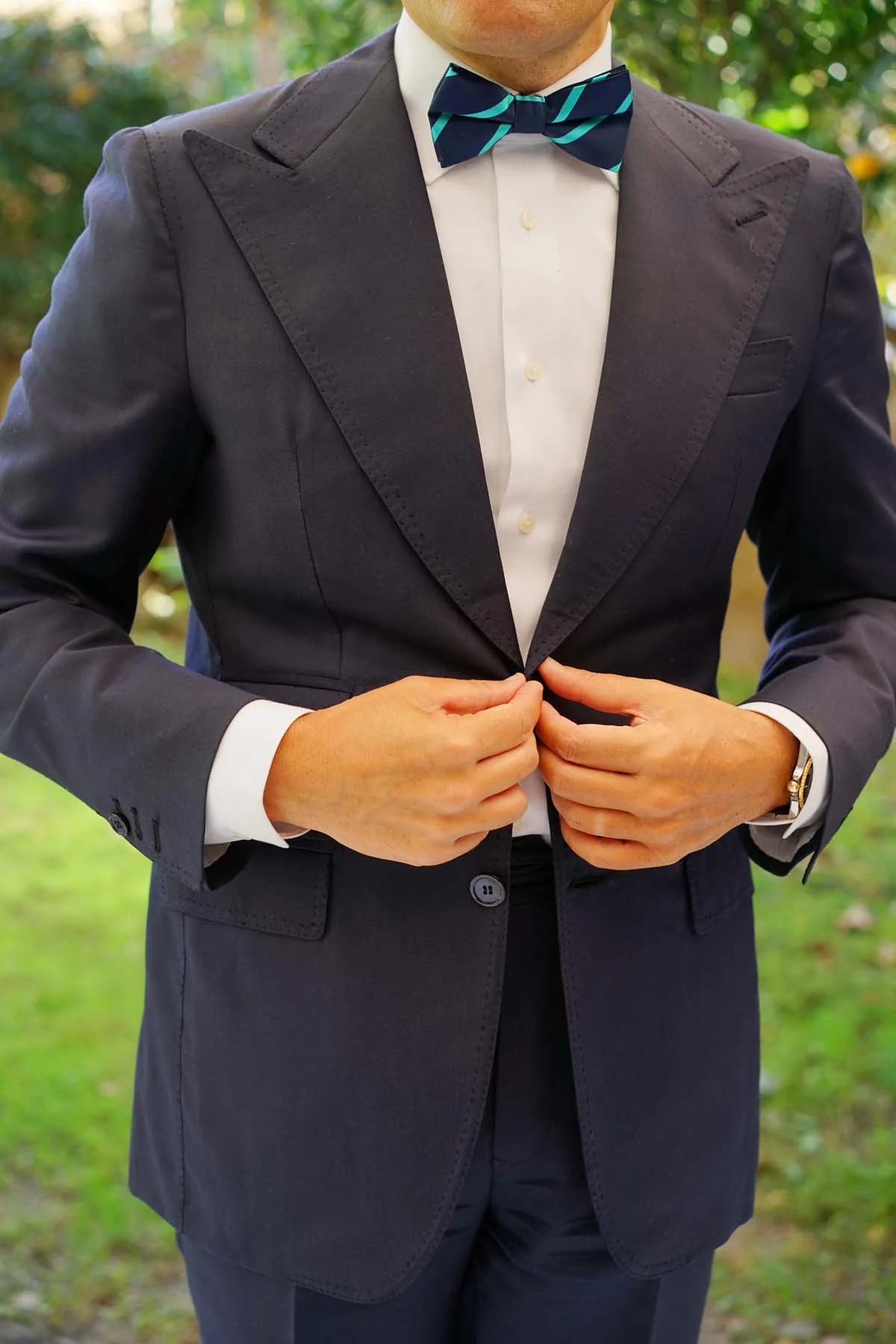 Navy Blue Bow Tie with Striped Light Blue - Image 7