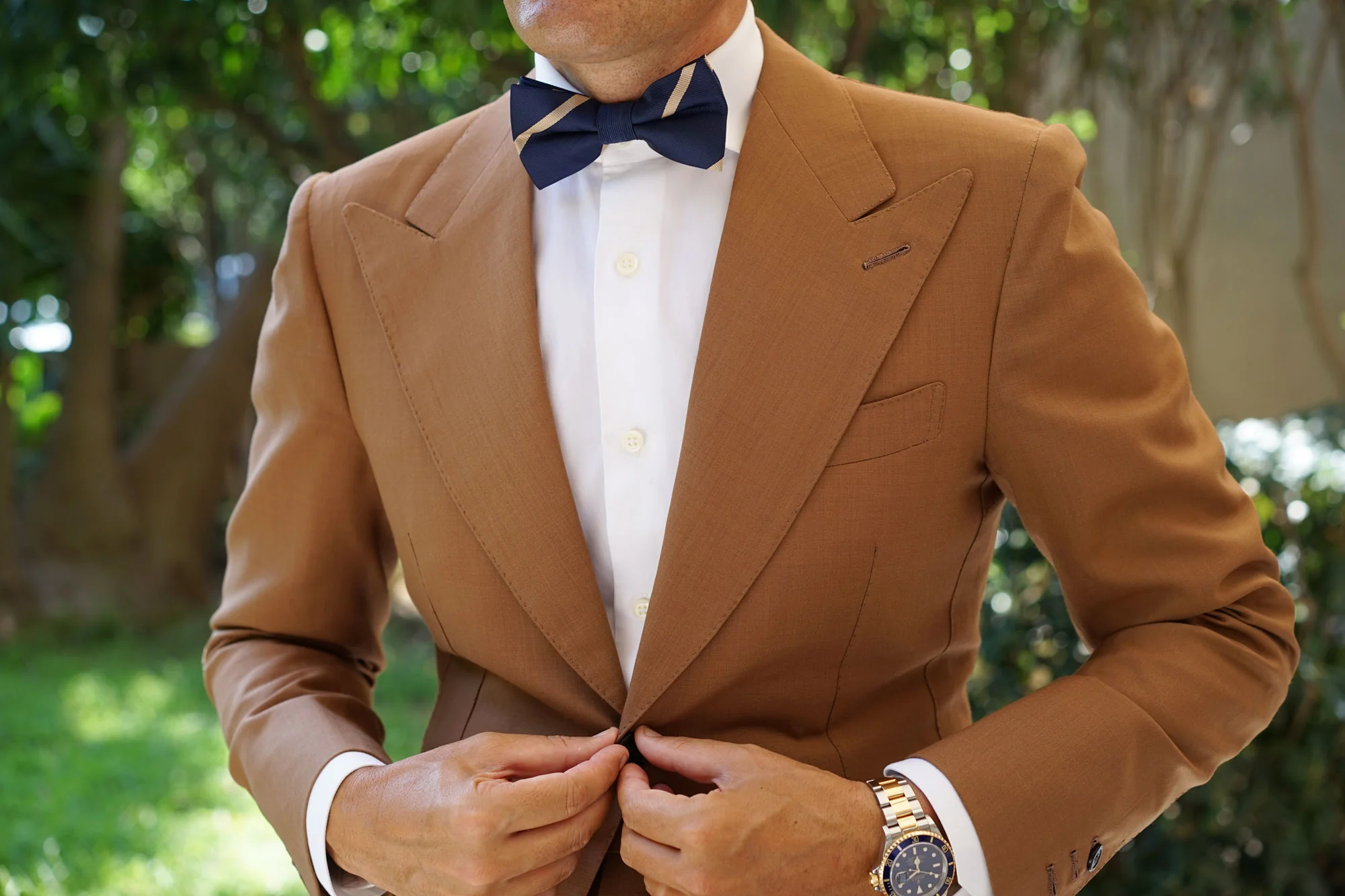Navy Blue Champagne Gold Striped Bow Tie - Image 3