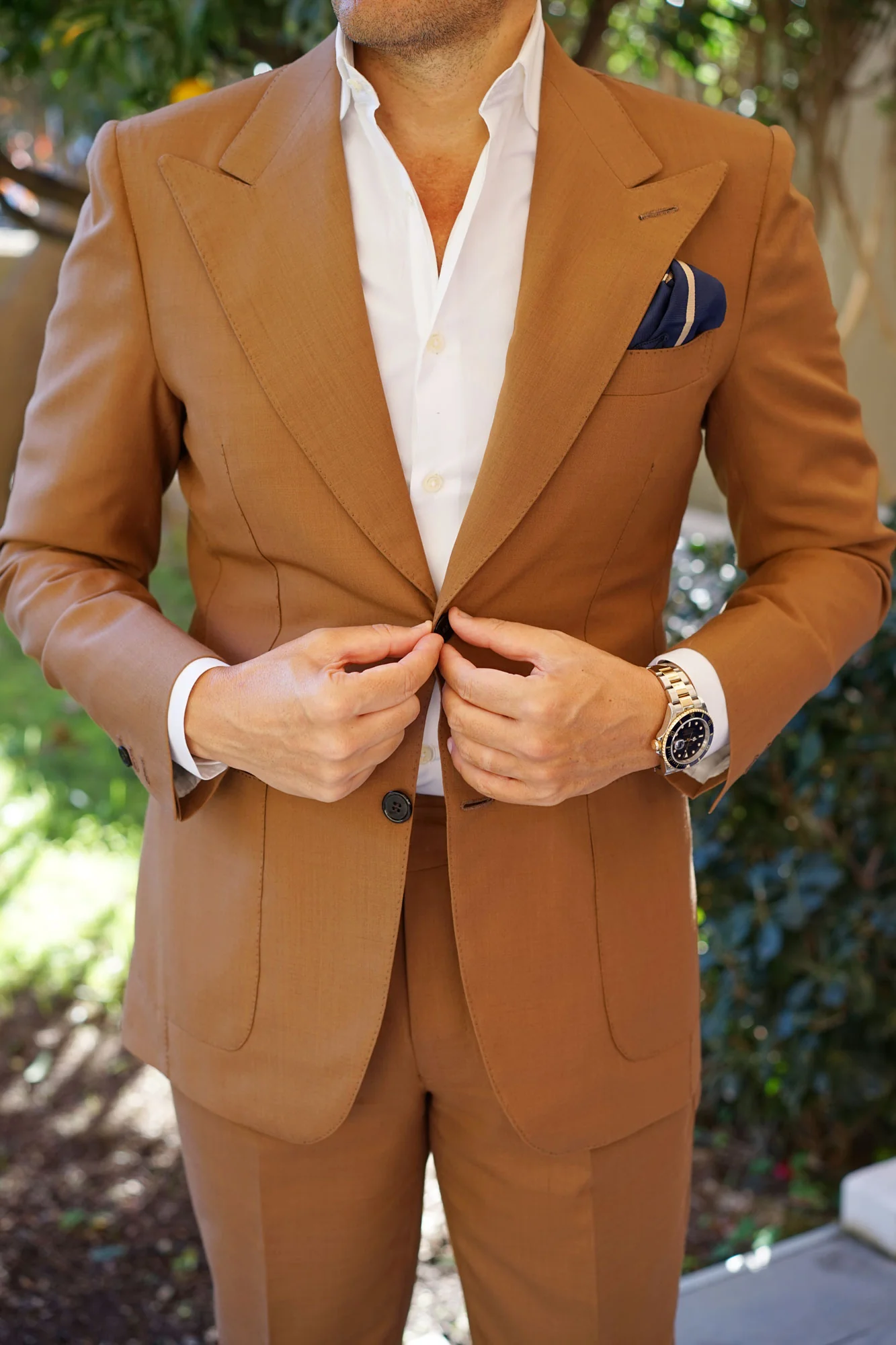 Navy Blue Champagne Gold Striped Pocket Square - Image 4