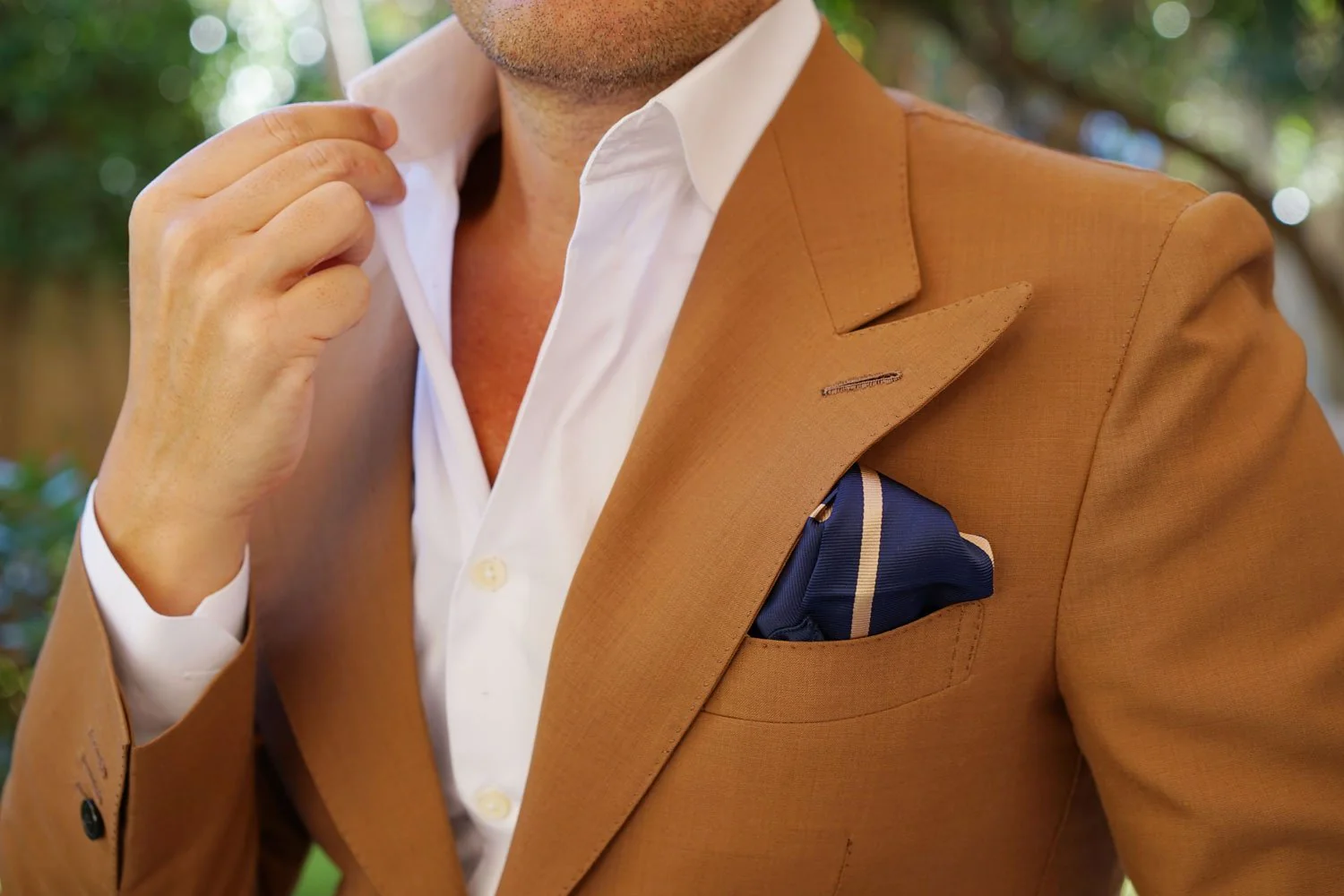 Navy Blue Champagne Gold Striped Pocket Square - Image 6