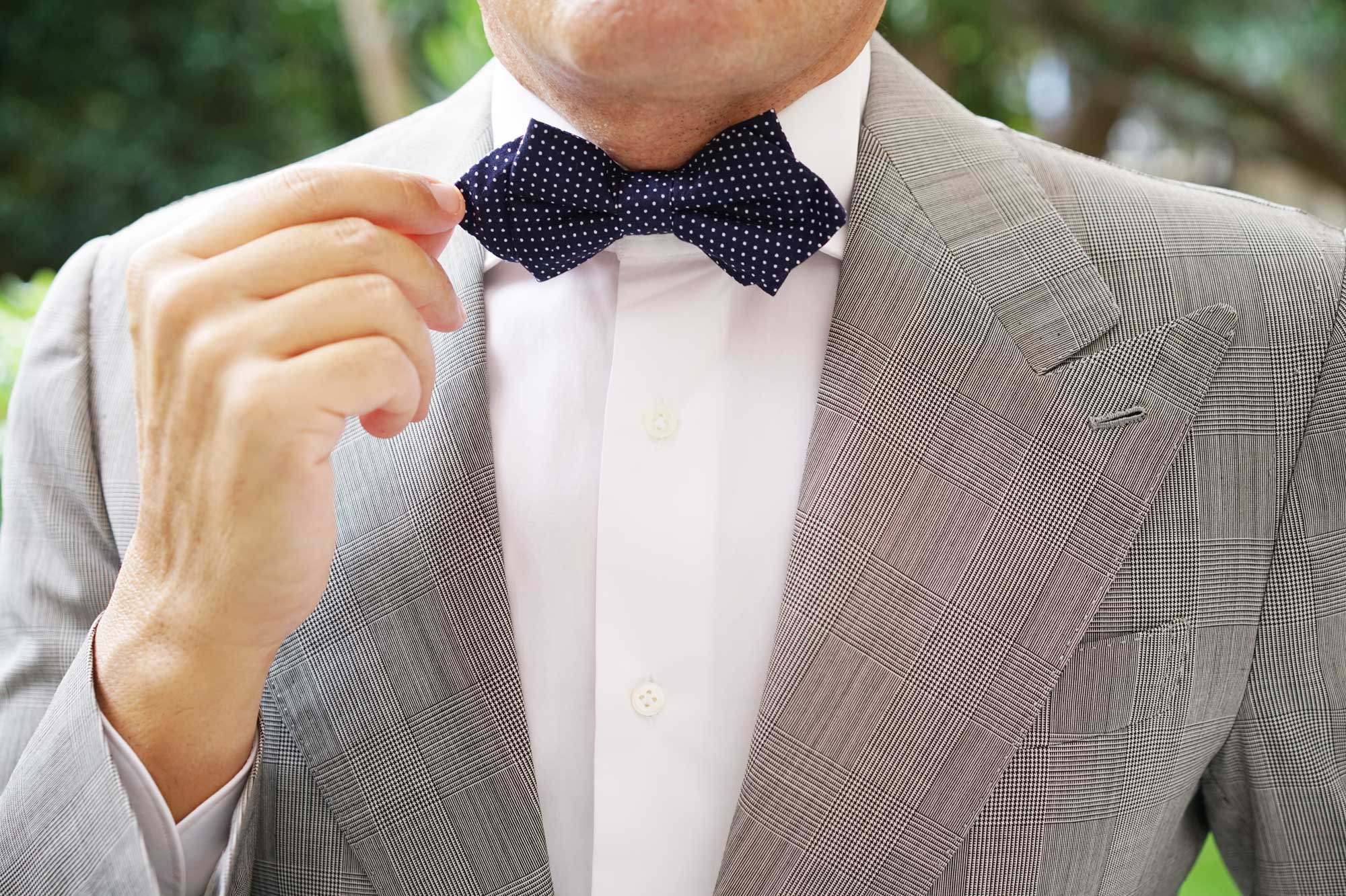 Navy Blue Cotton with White Mini Polka Dots Diamond Bow Tie - Image 10