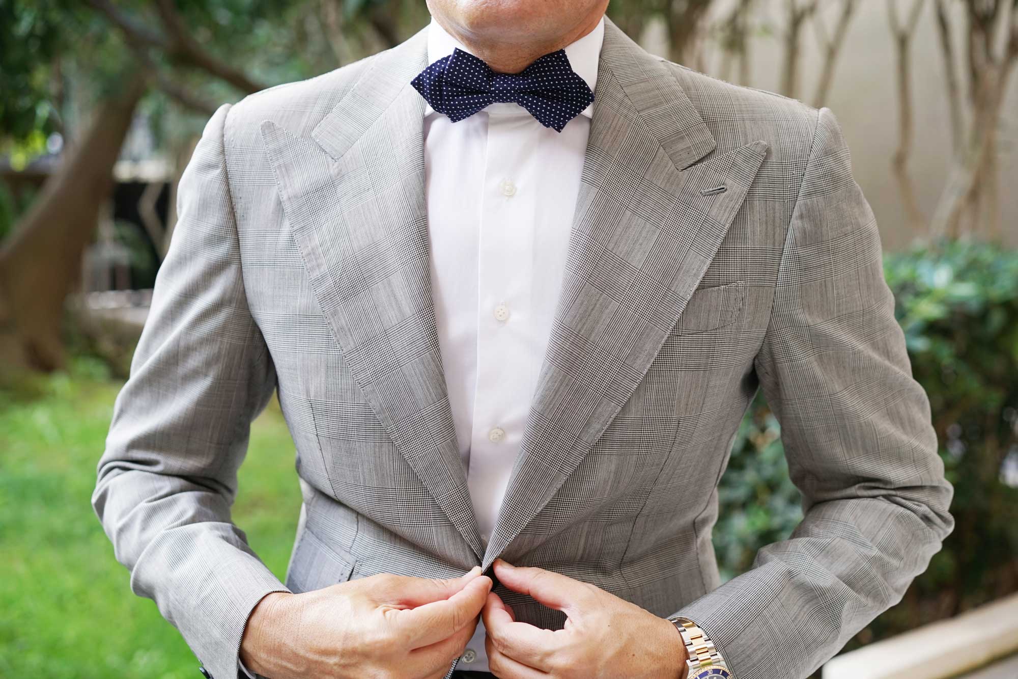 Navy Blue Cotton with White Mini Polka Dots Diamond Bow Tie - Image 6