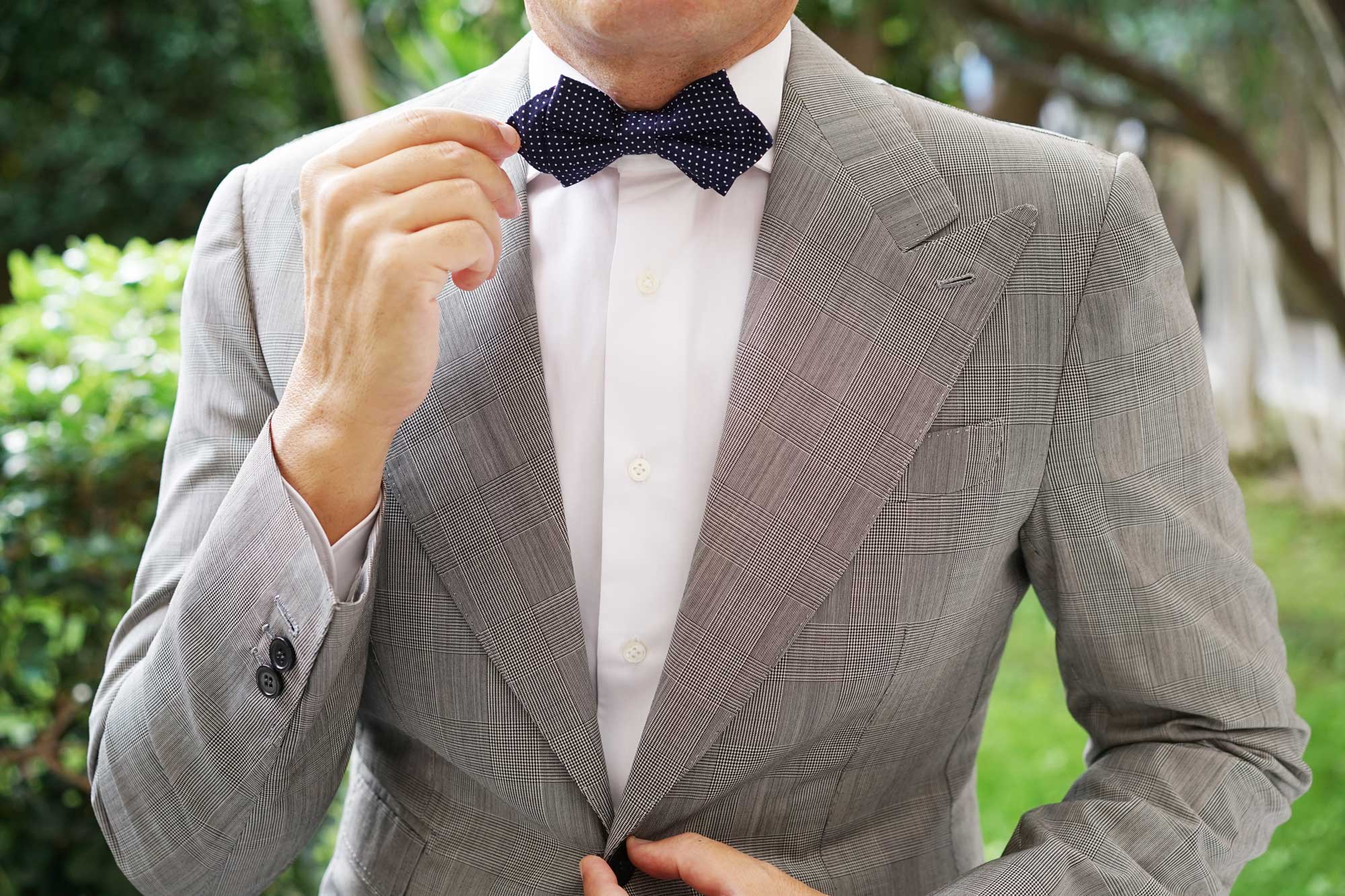 Navy Blue Cotton with White Mini Polka Dots Diamond Bow Tie - Image 7