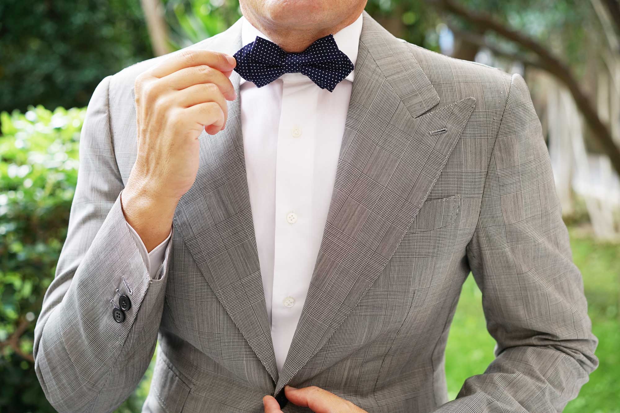 Navy Blue Cotton with White Mini Polka Dots Diamond Bow Tie - Image 8