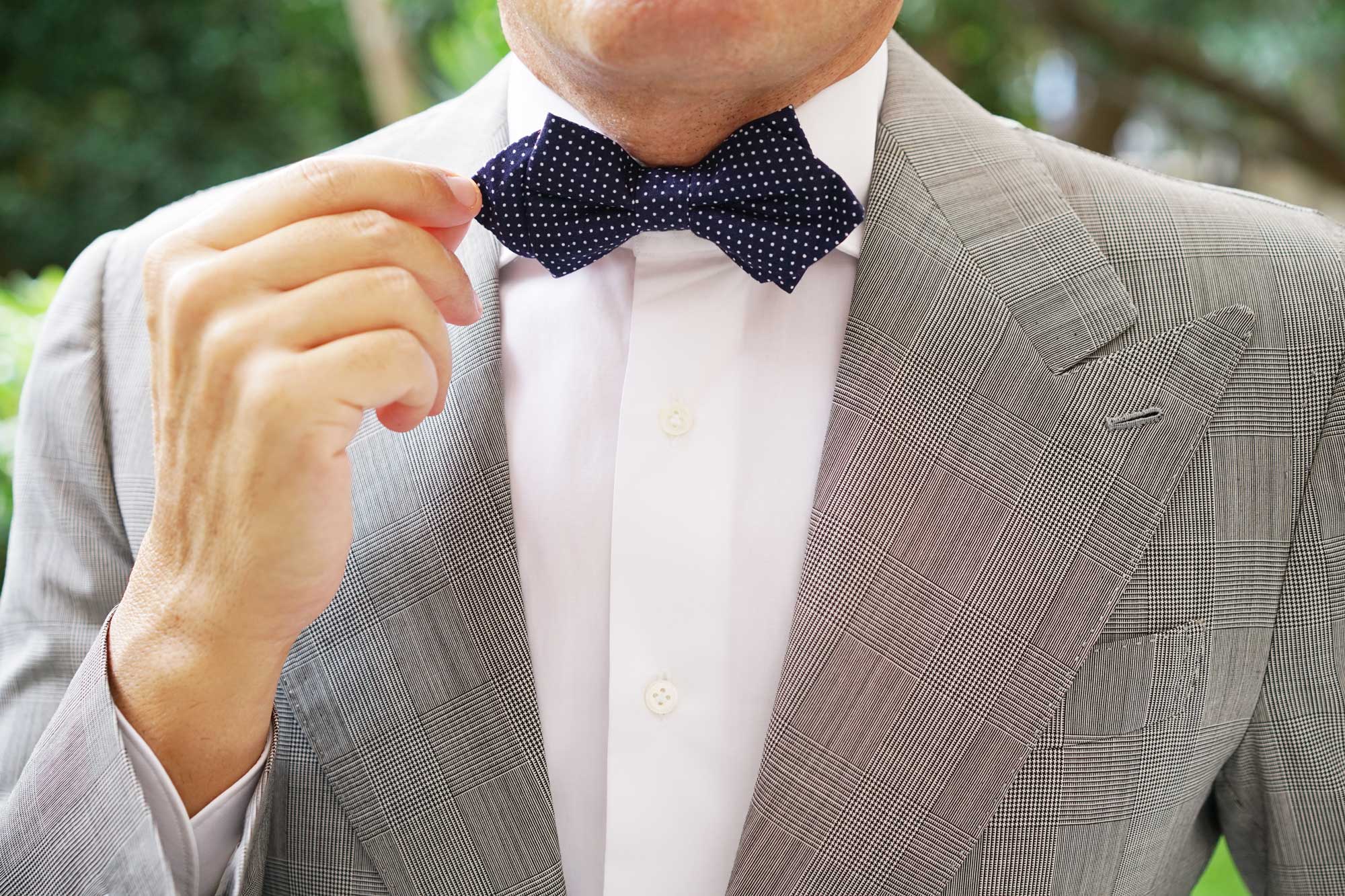 Navy Blue Cotton with White Mini Polka Dots Diamond Bow Tie - Image 9