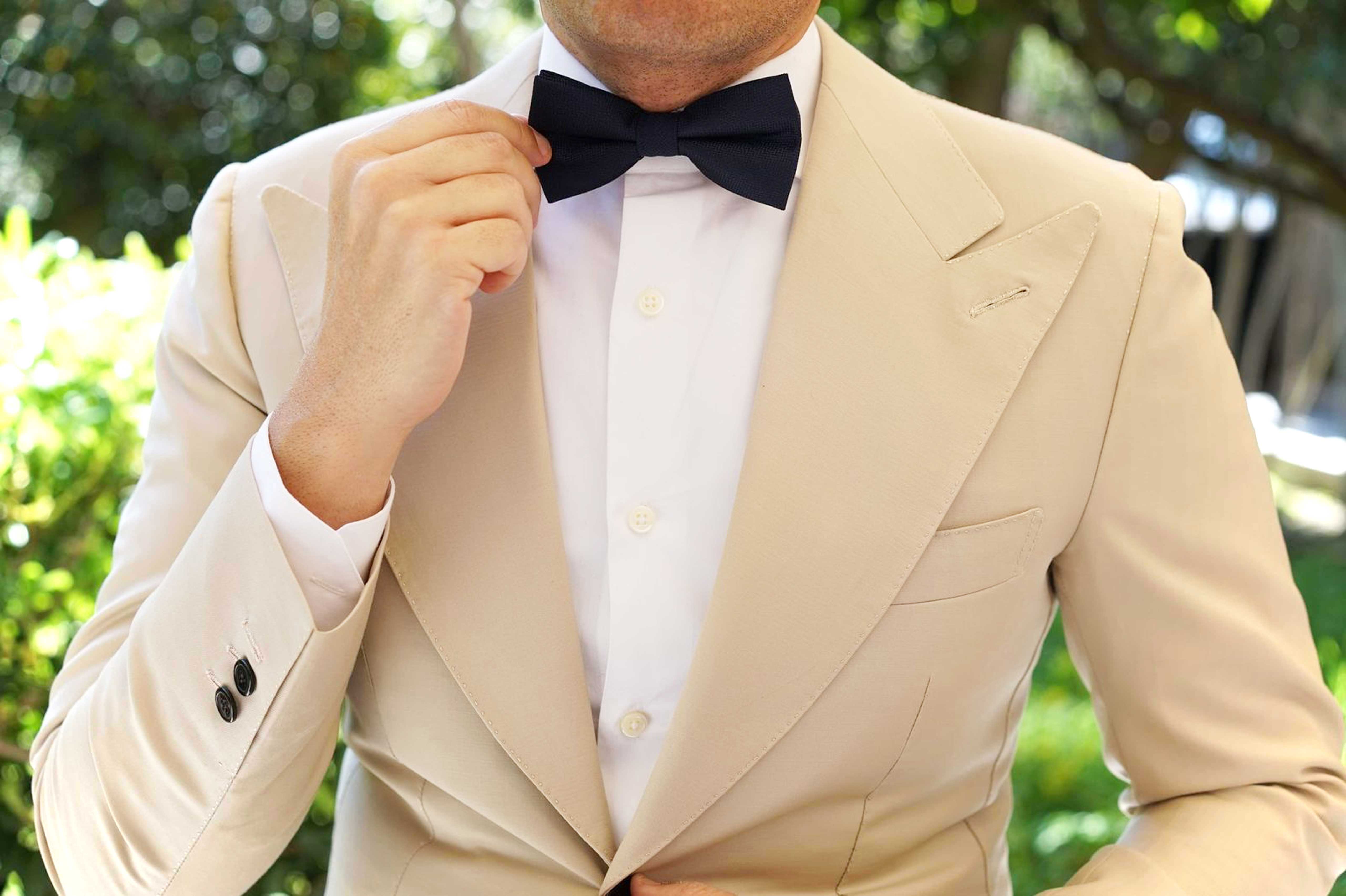 Navy Blue Diagonal Herringbone Bow Tie - Image 6