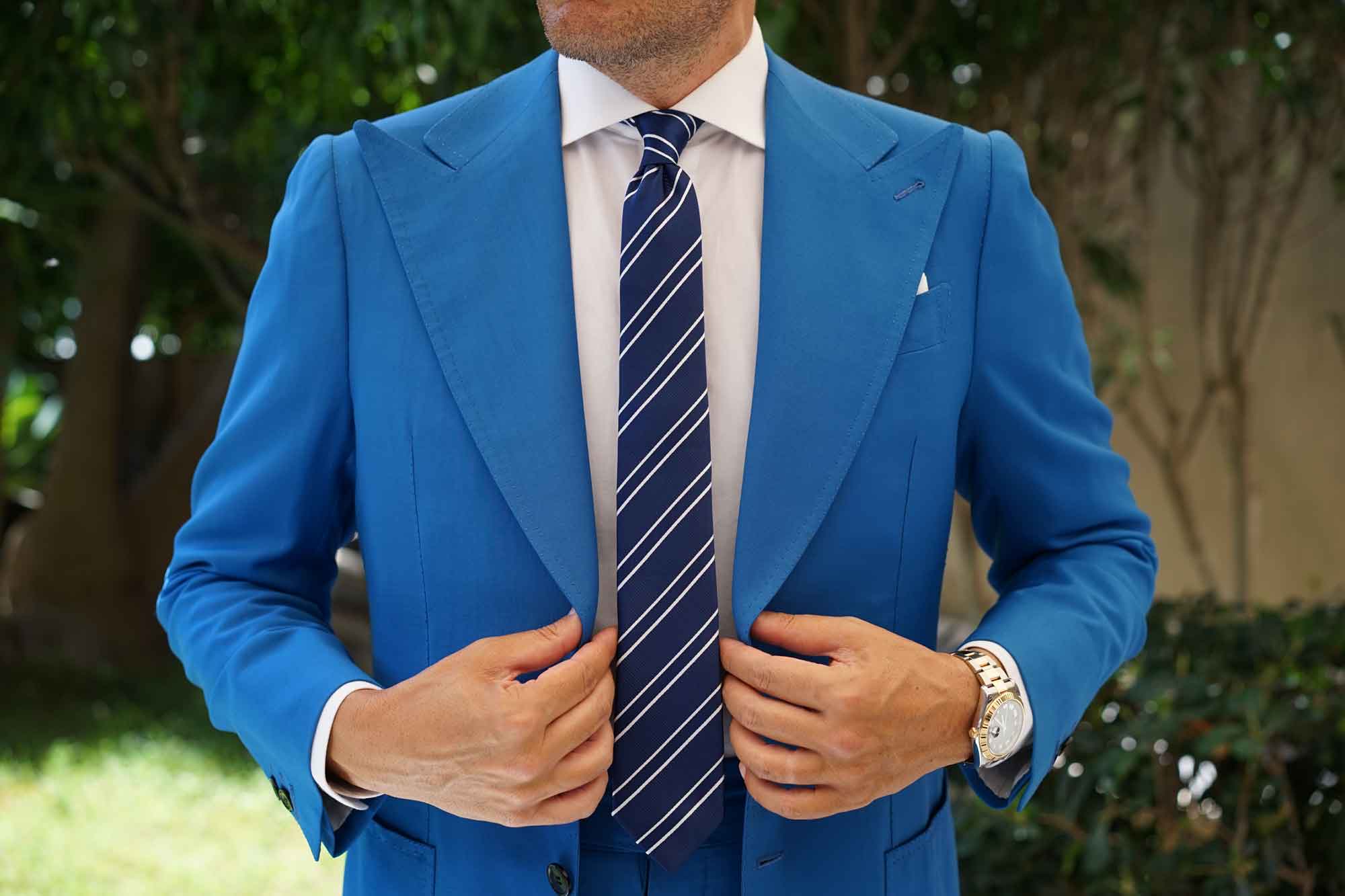 Navy Blue Double Stripe Skinny Tie - Image 4