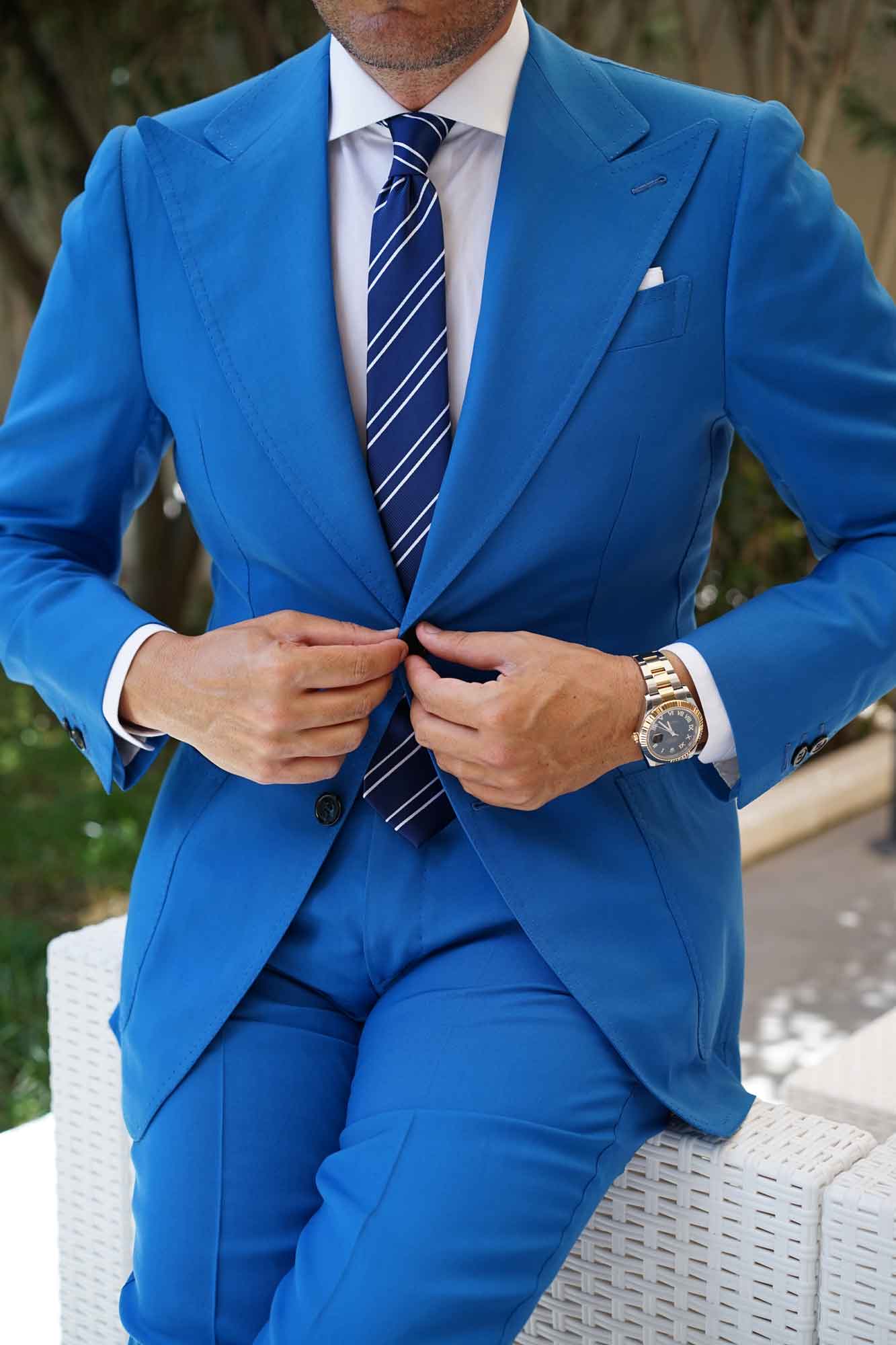 Navy Blue Double Stripe Skinny Tie - Image 7