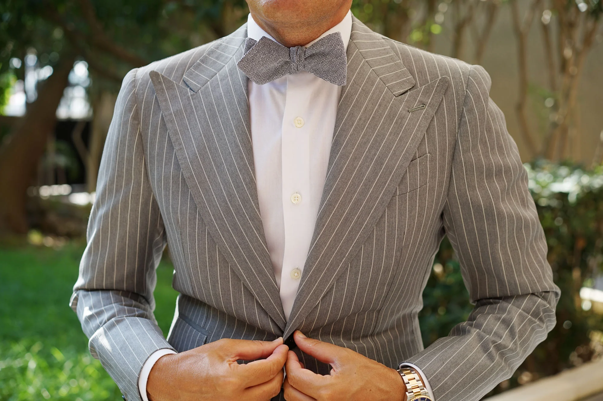 Navy Blue Herringbone Linen Self Tie Diamond Bow Tie - Image 6