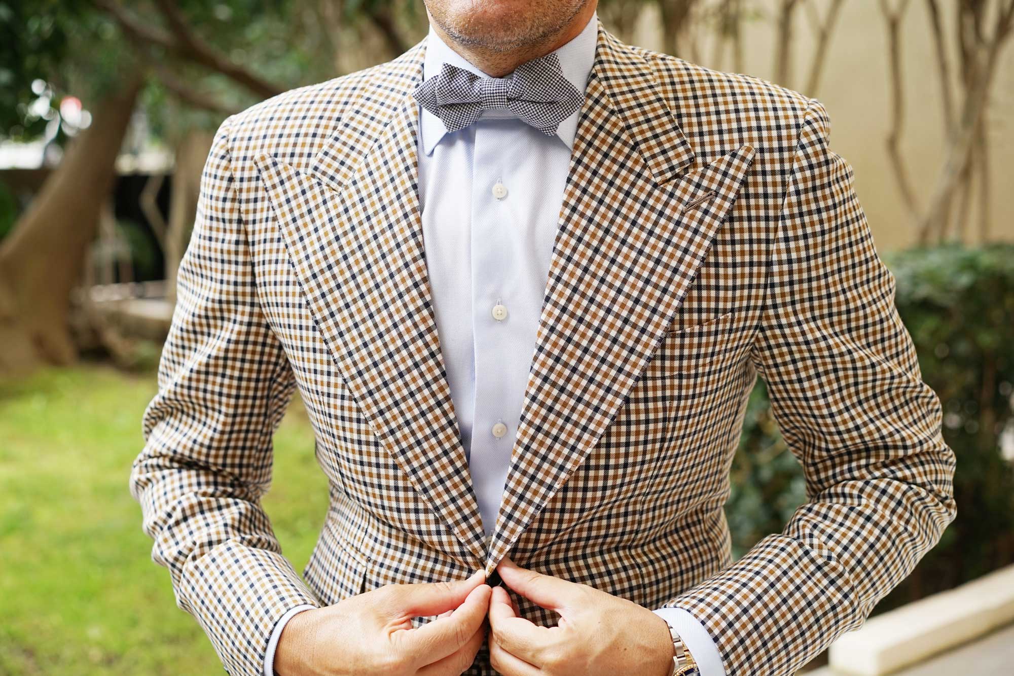 Navy Blue Houndstooth Linen Diamond Bow Tie - Image 5