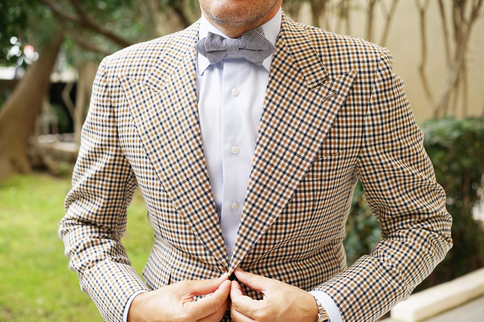 Navy Blue Houndstooth Linen Diamond Bow Tie - Image 7