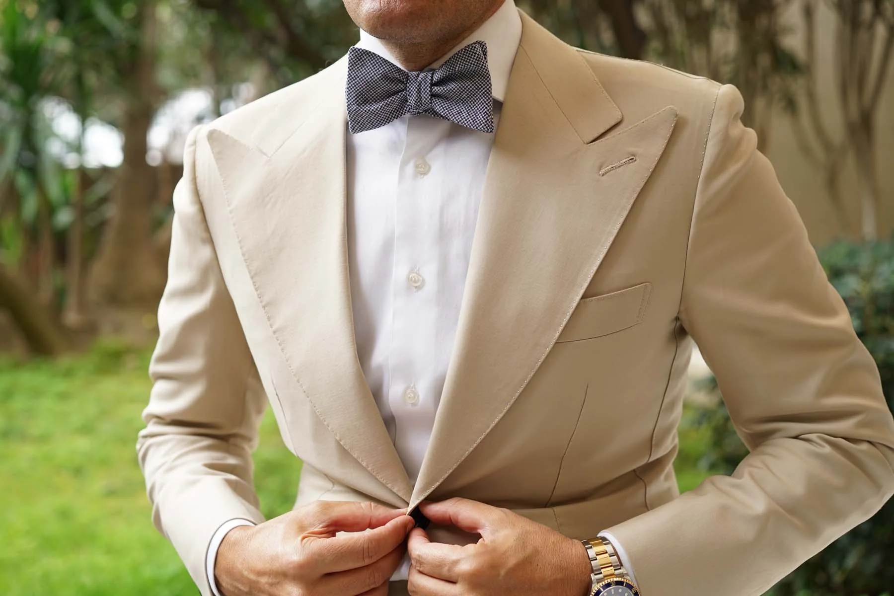 Navy Blue Houndstooth Linen Self Tie Bow Tie - Image 4