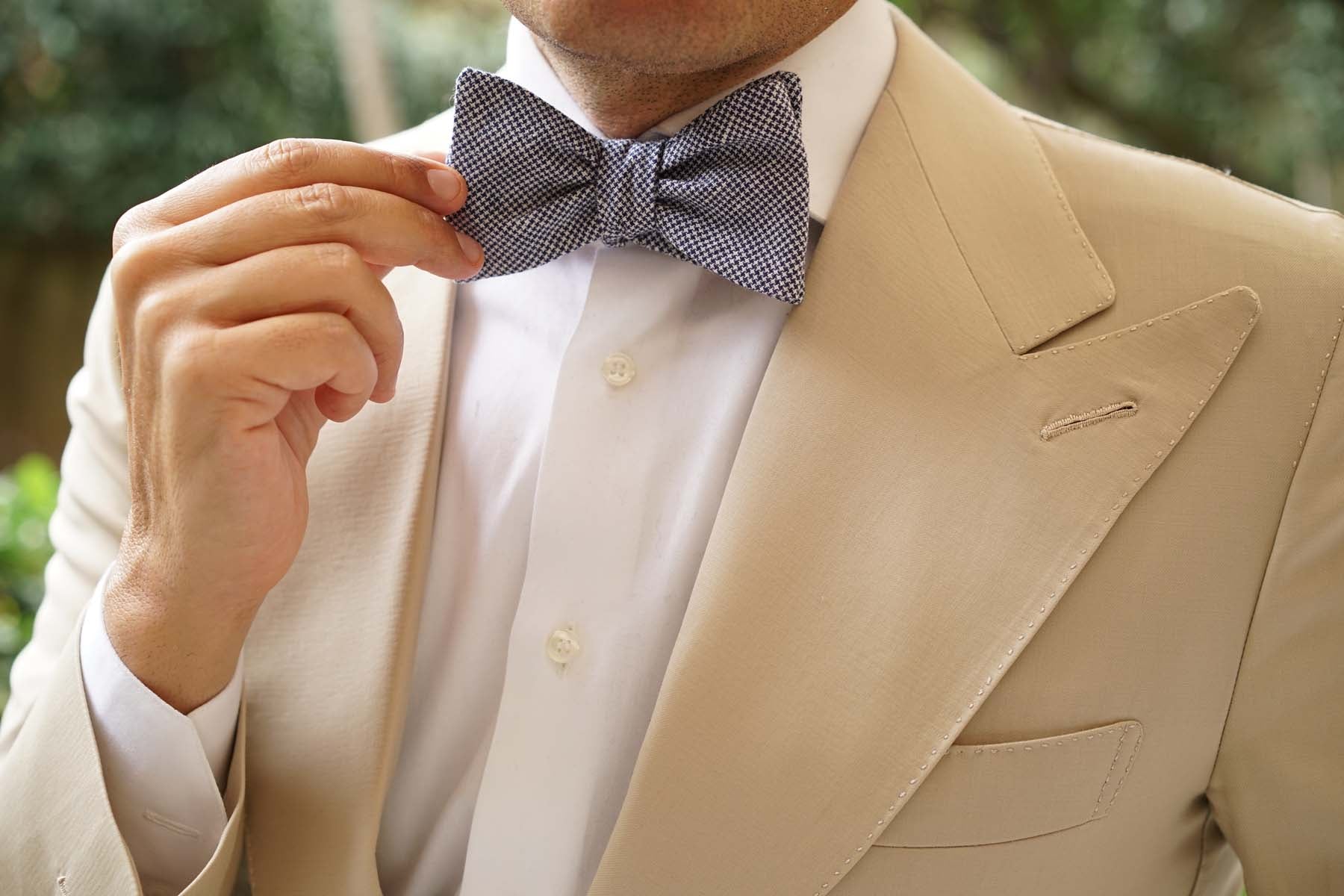 Navy Blue Houndstooth Linen Self Tie Bow Tie - Image 7