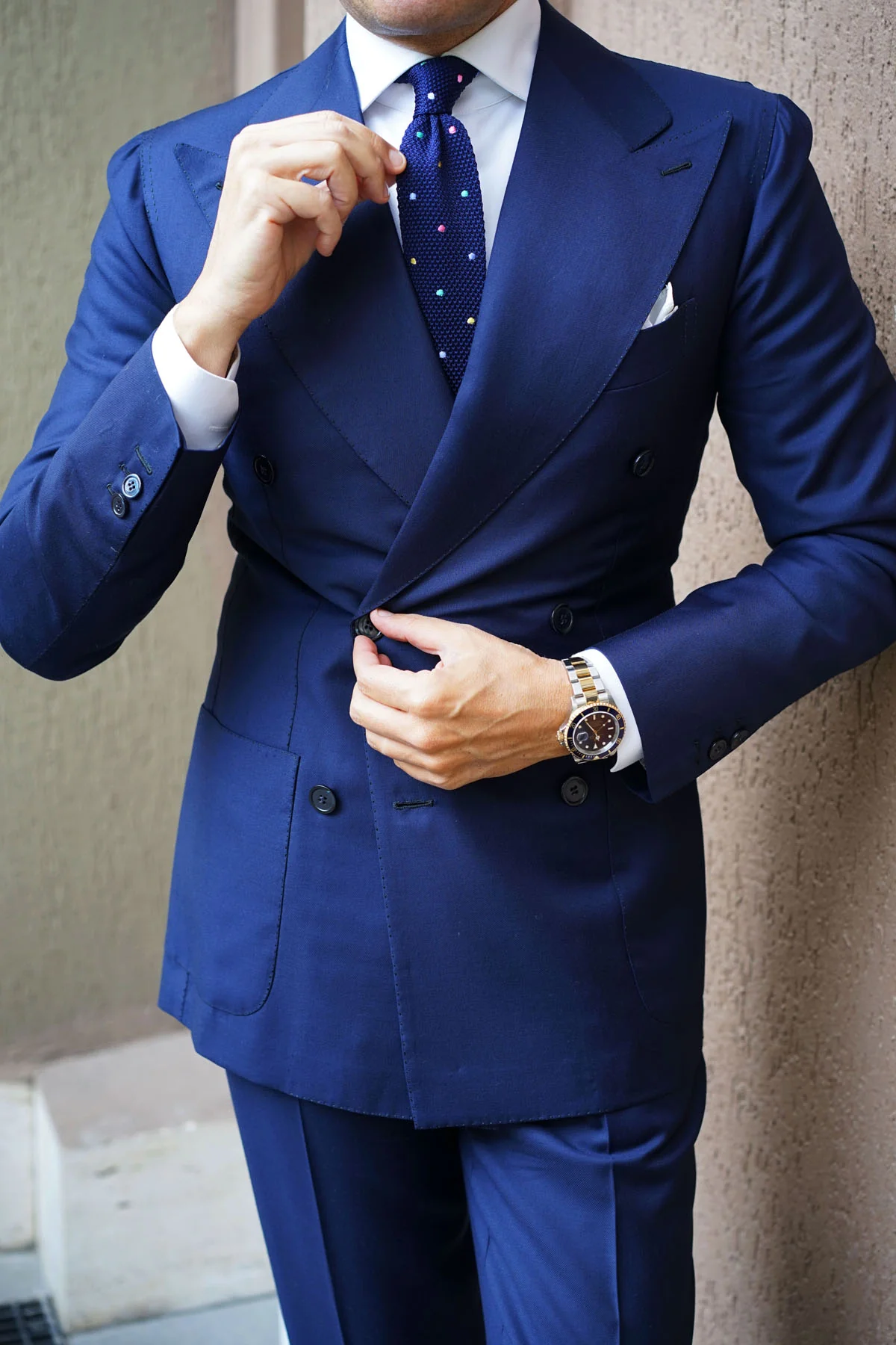 Navy Blue Knitted Tie with Green Blue Yellow & Pink Polka Dots - Image 10