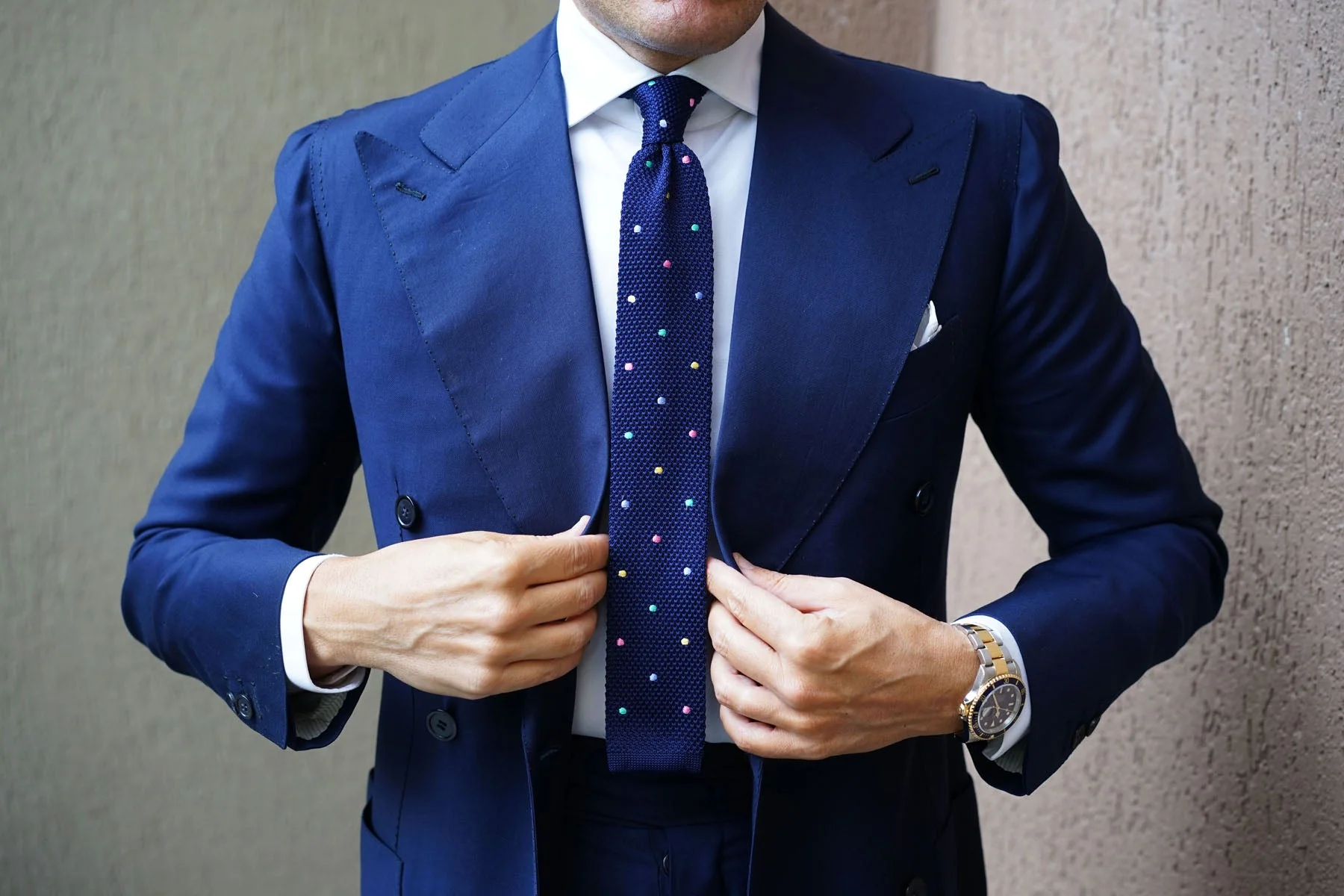 Navy Blue Knitted Tie with Green Blue Yellow & Pink Polka Dots - Image 11