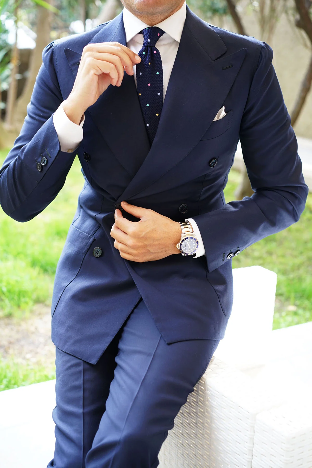 Navy Blue Knitted Tie with Green Blue Yellow & Pink Polka Dots - Image 12