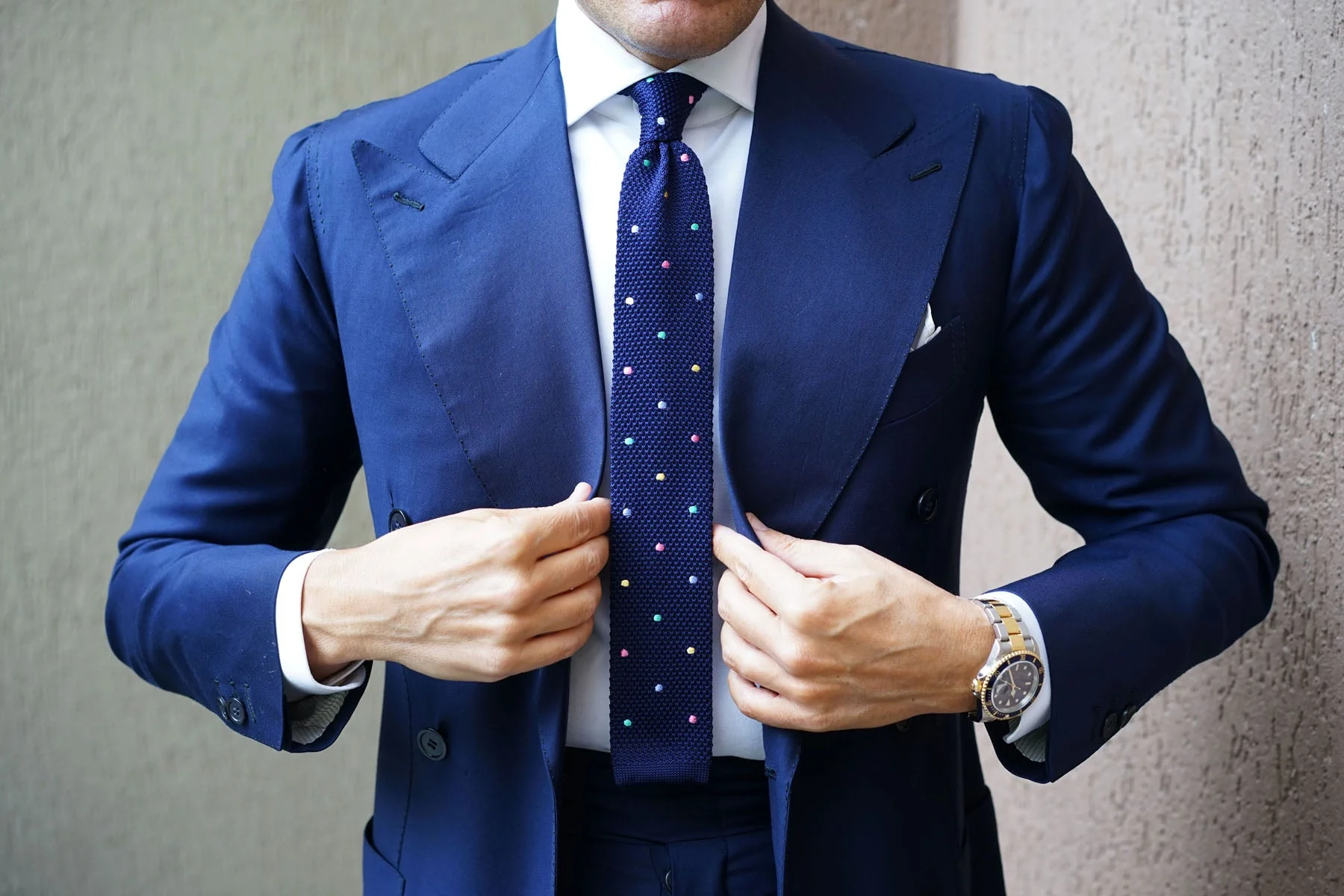 Navy Blue Knitted Tie with Green Blue Yellow & Pink Polka Dots - Image 13