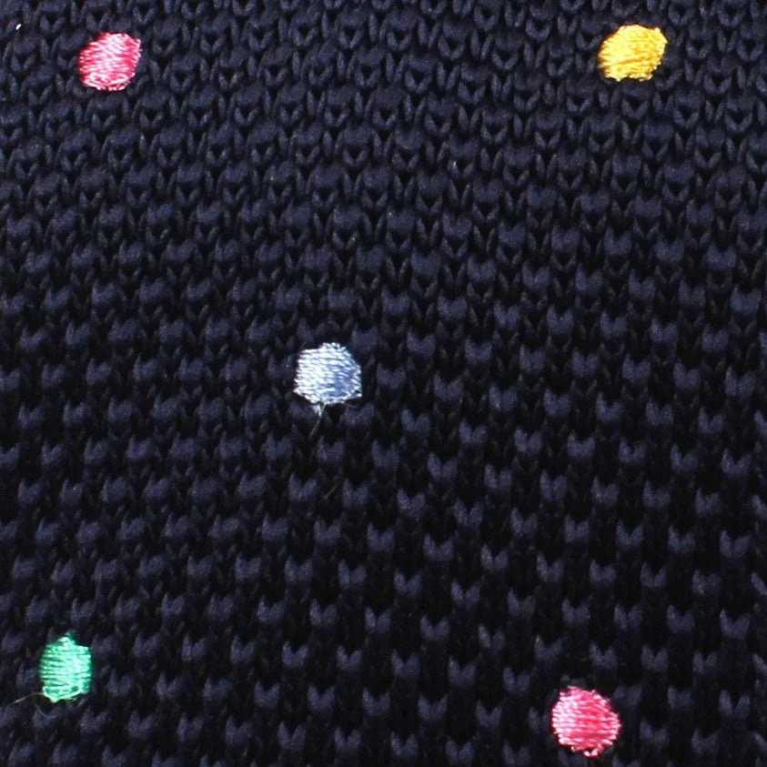 Navy Blue Knitted Tie with Green Blue Yellow & Pink Polka Dots - Image 2