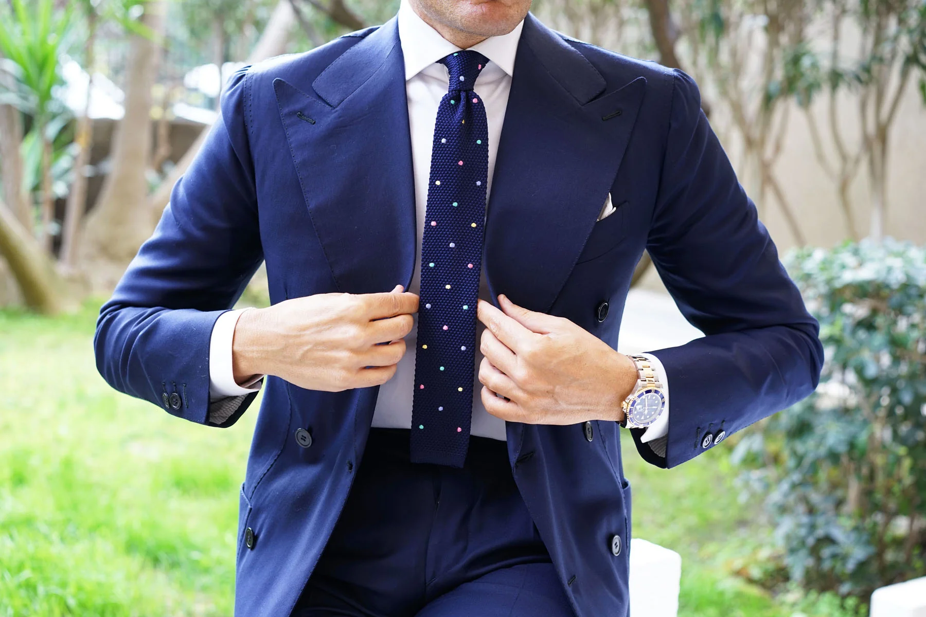 Navy Blue Knitted Tie with Green Blue Yellow & Pink Polka Dots - Image 3