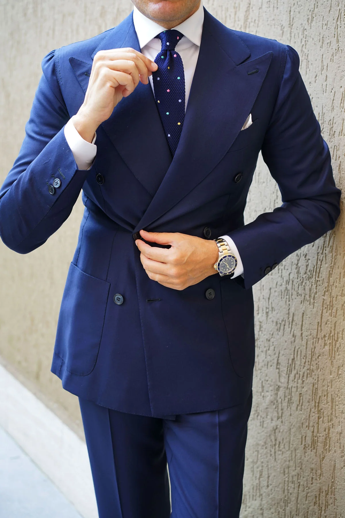 Navy Blue Knitted Tie with Green Blue Yellow & Pink Polka Dots - Image 4