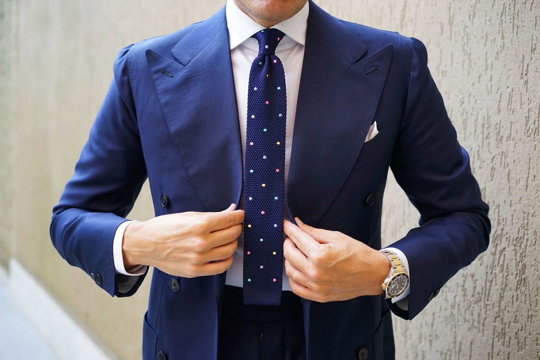 Navy Blue Knitted Tie with Green Blue Yellow & Pink Polka Dots - Image 5