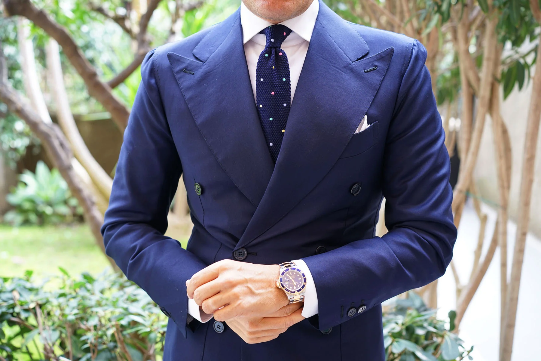 Navy Blue Knitted Tie with Green Blue Yellow & Pink Polka Dots - Image 6