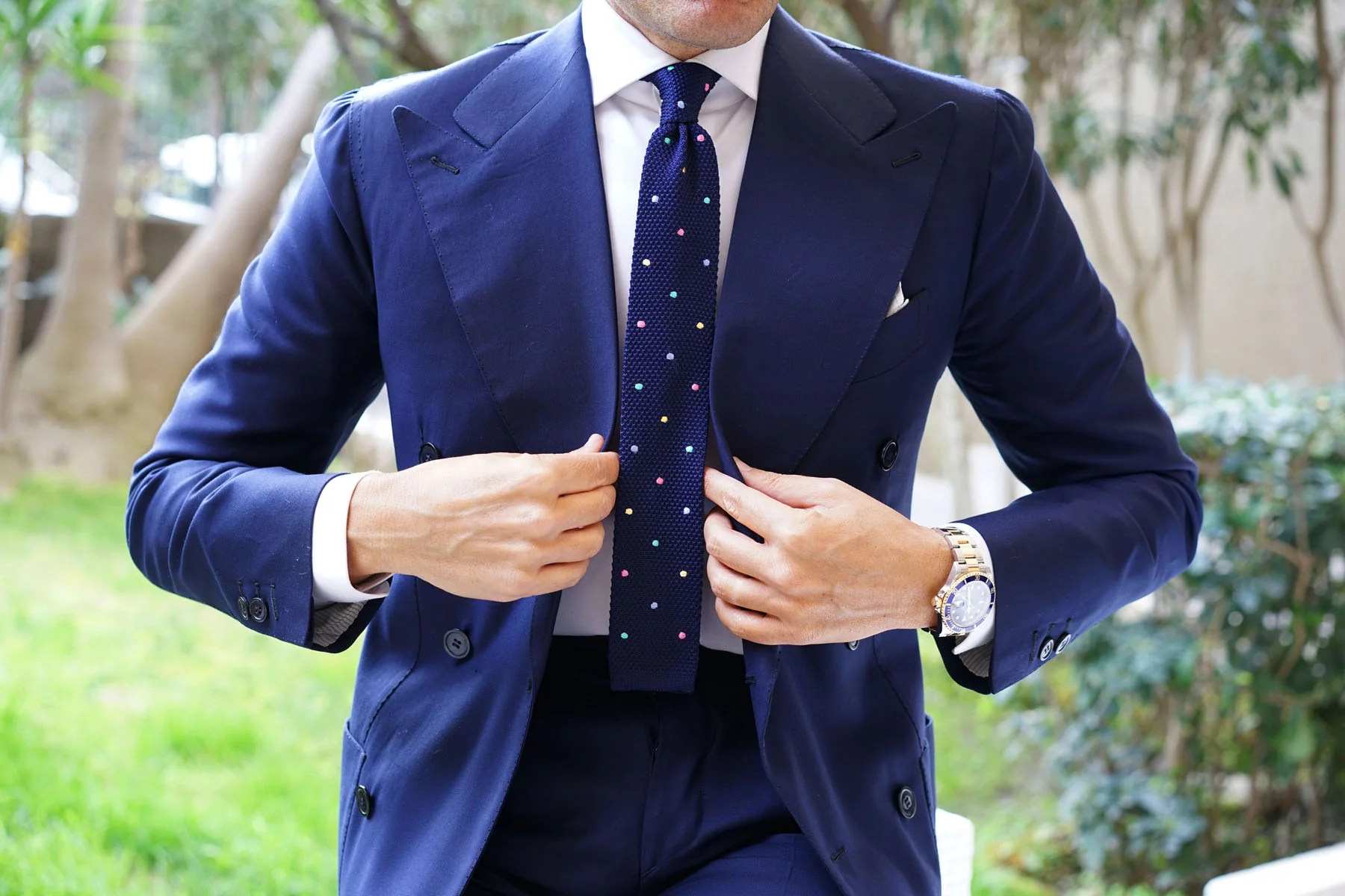 Navy Blue Knitted Tie with Green Blue Yellow & Pink Polka Dots - Image 7