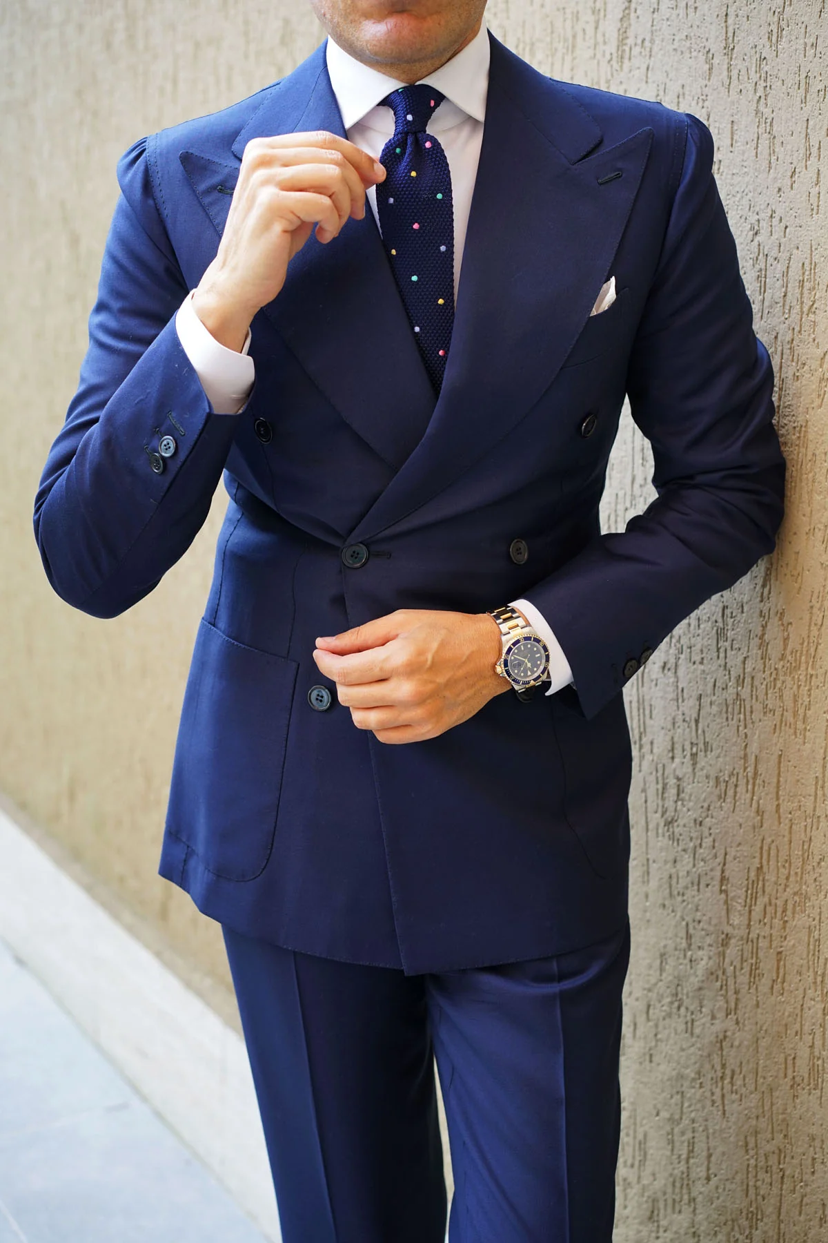Navy Blue Knitted Tie with Green Blue Yellow & Pink Polka Dots - Image 8