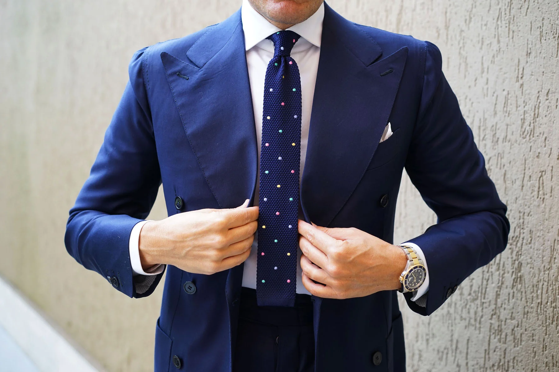 Navy Blue Knitted Tie with Green Blue Yellow & Pink Polka Dots - Image 9