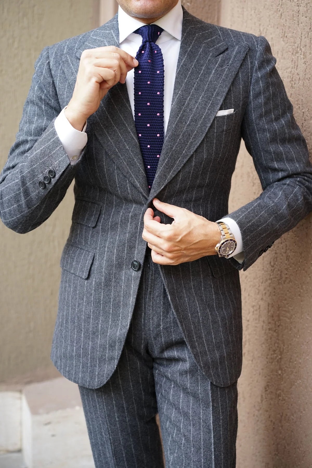 Navy Blue Knitted Tie with Pink Polka Dots - Image 13
