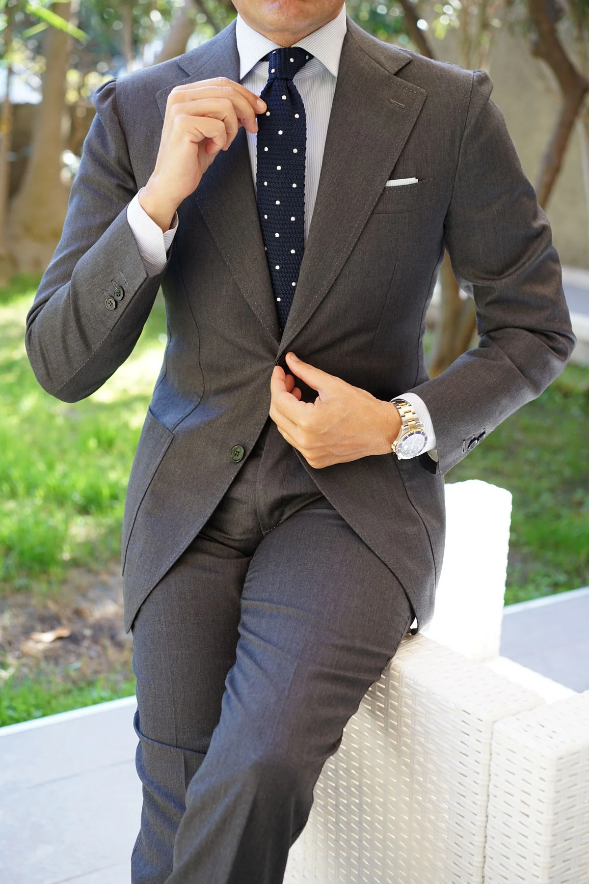 Navy Blue Knitted Tie with White Polka Dots - Image 4
