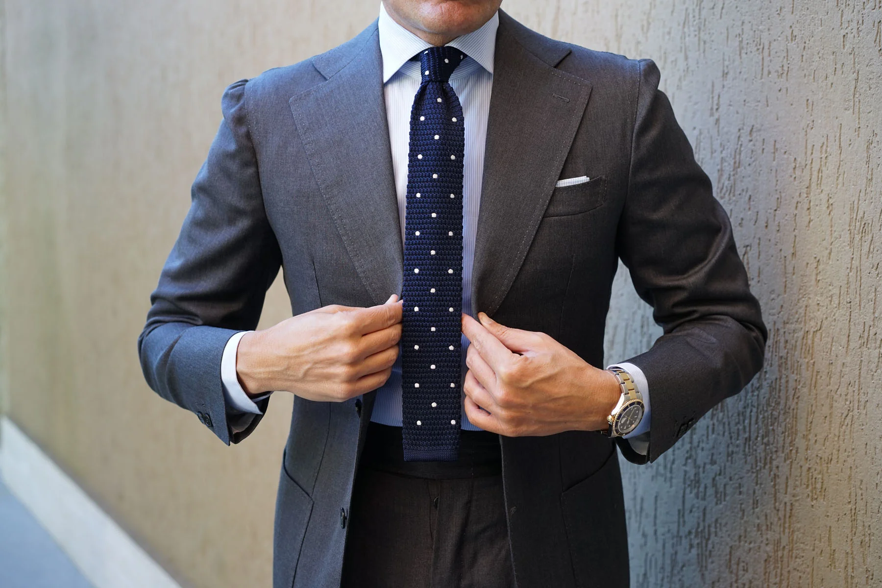 Navy Blue Knitted Tie with White Polka Dots - Image 7