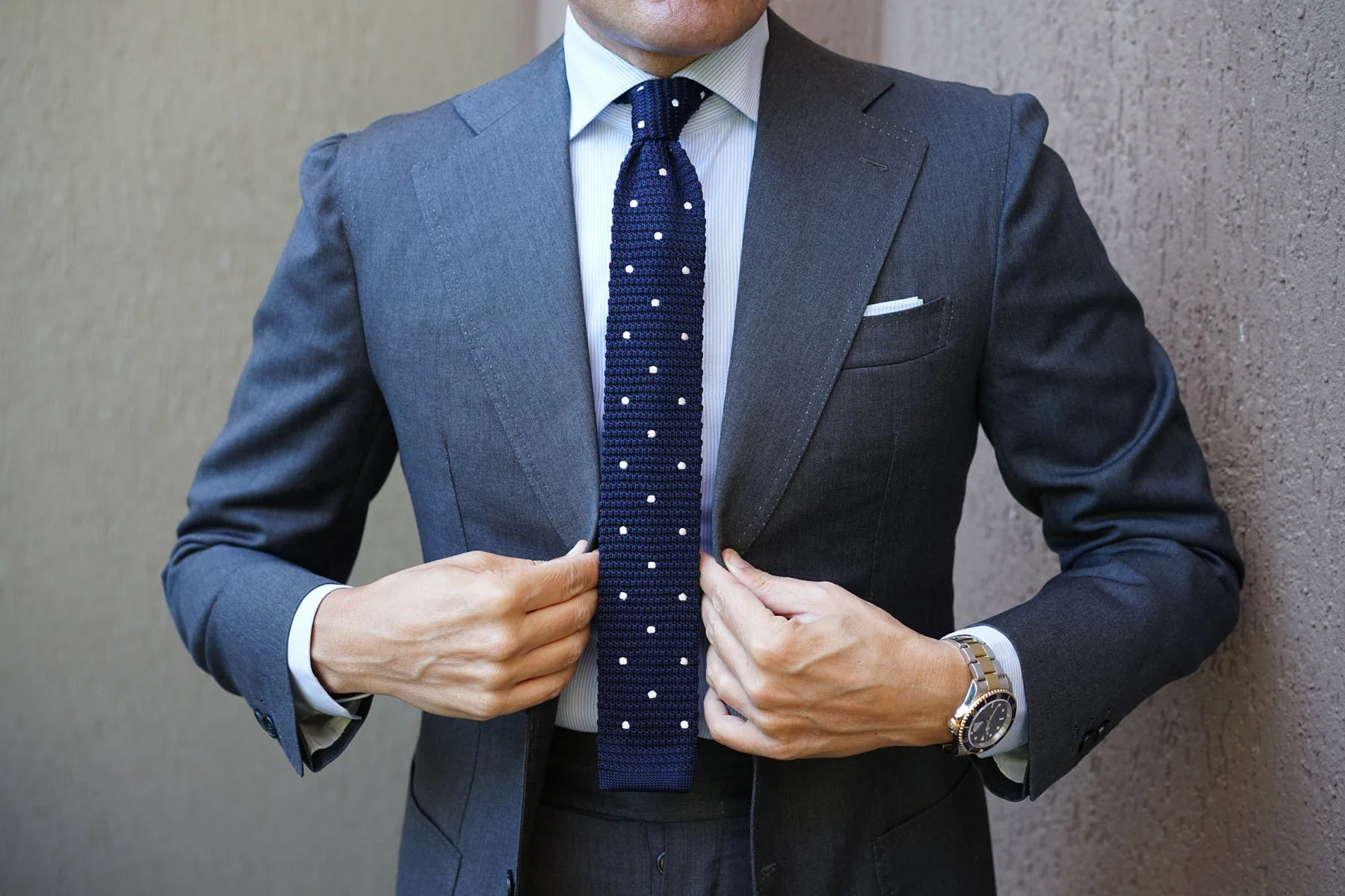 Navy Blue Knitted Tie with White Polka Dots - Image 9