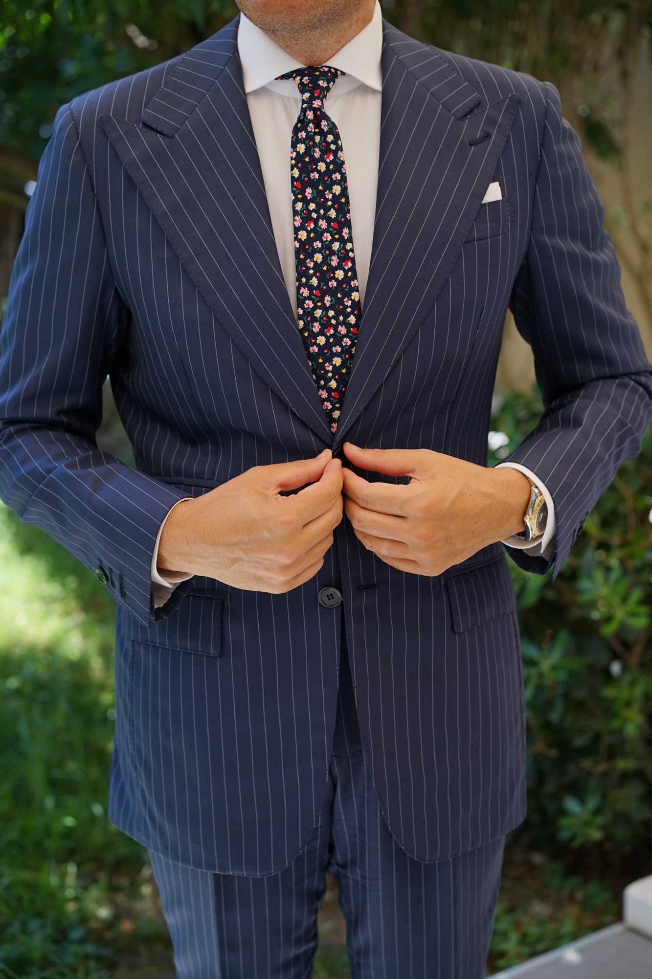 Navy Blue Liberty Floral Flower Skinny Tie - Image 10