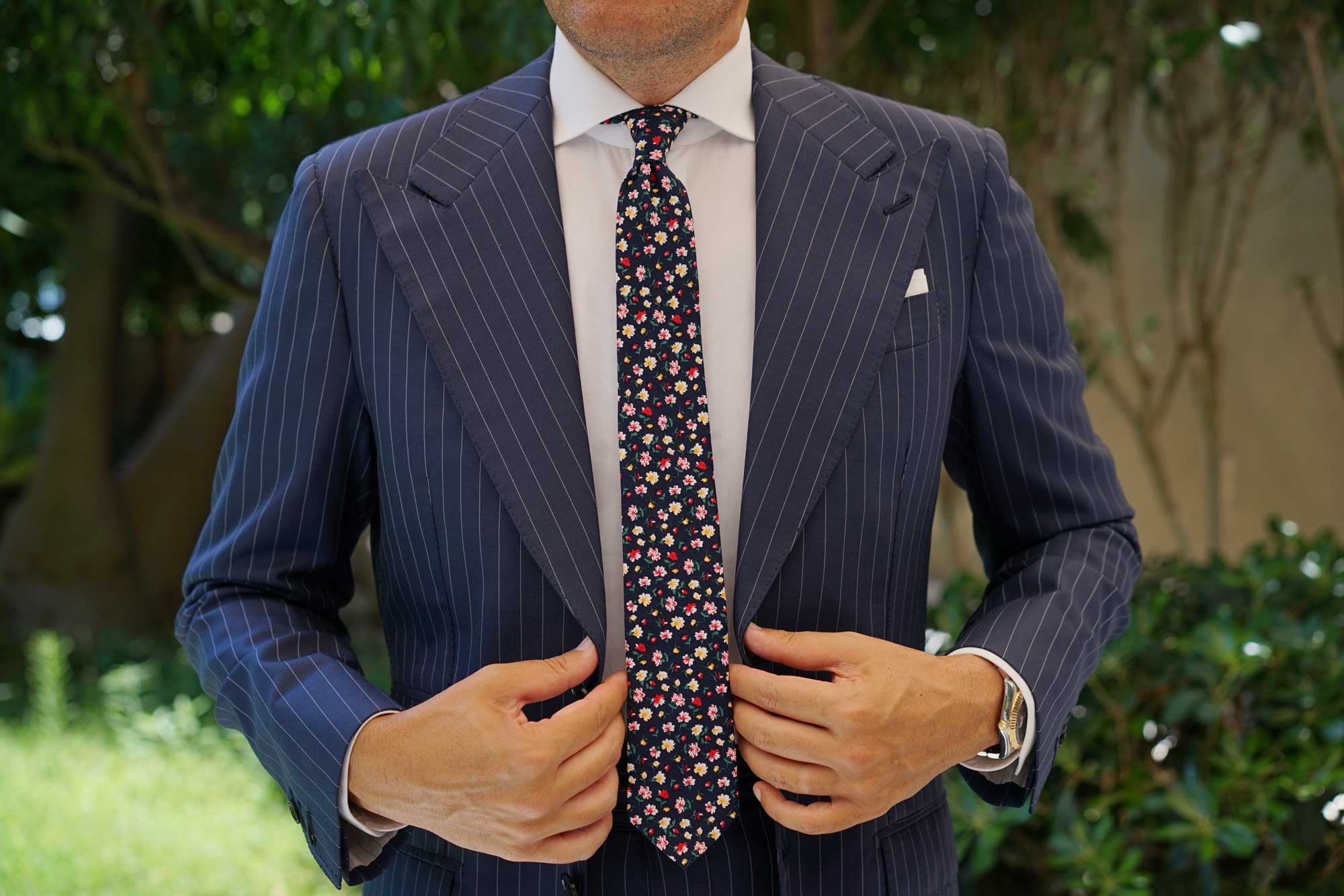 Navy Blue Liberty Floral Flower Skinny Tie - Image 4