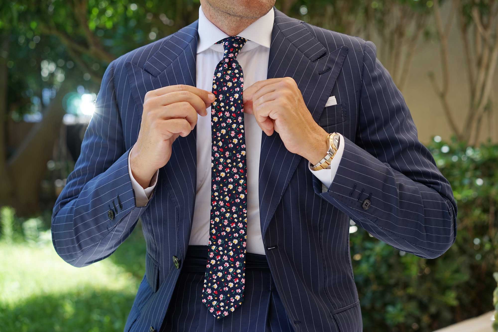 Navy Blue Liberty Floral Flower Skinny Tie - Image 6