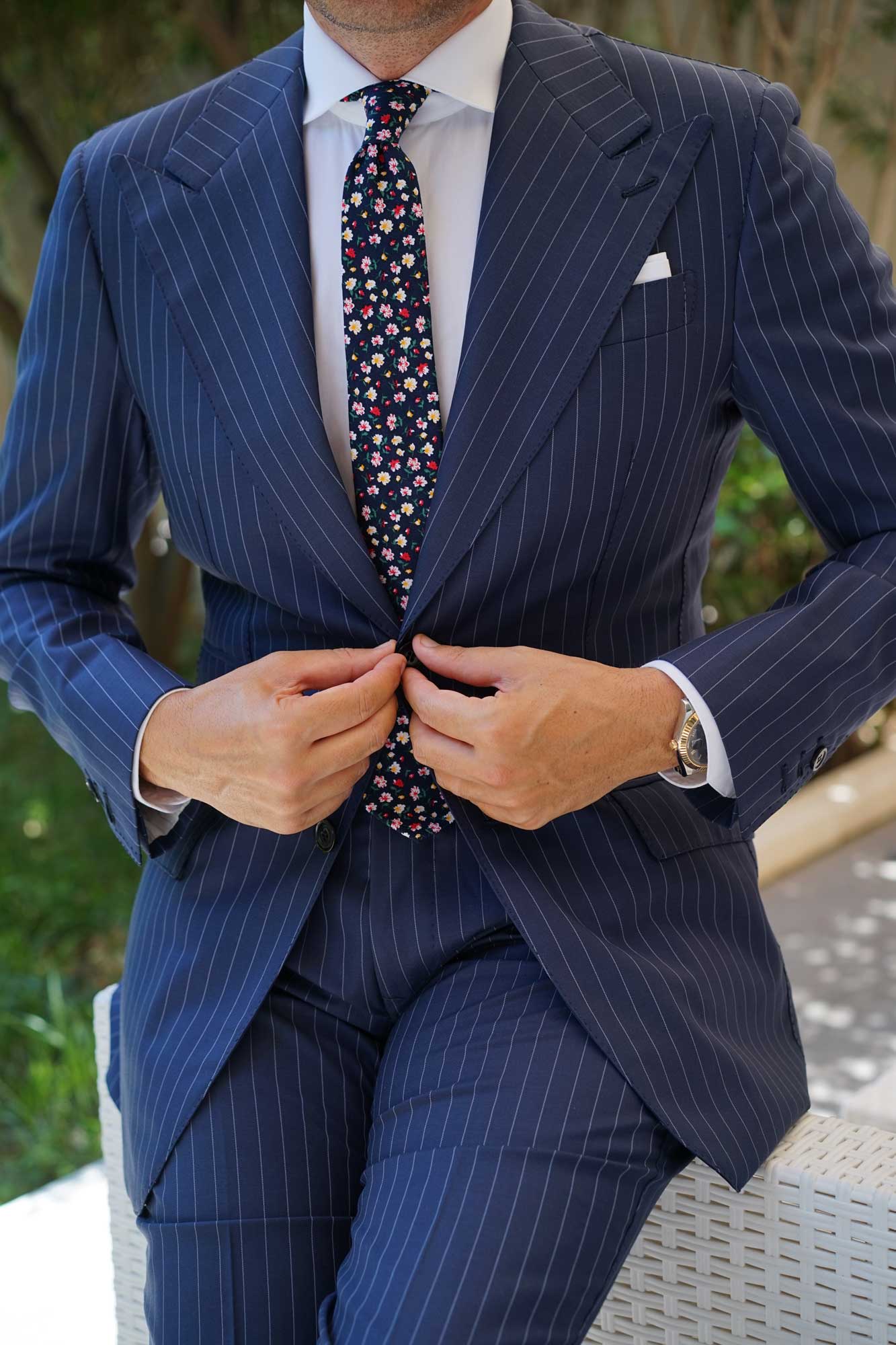 Navy Blue Liberty Floral Flower Skinny Tie - Image 7