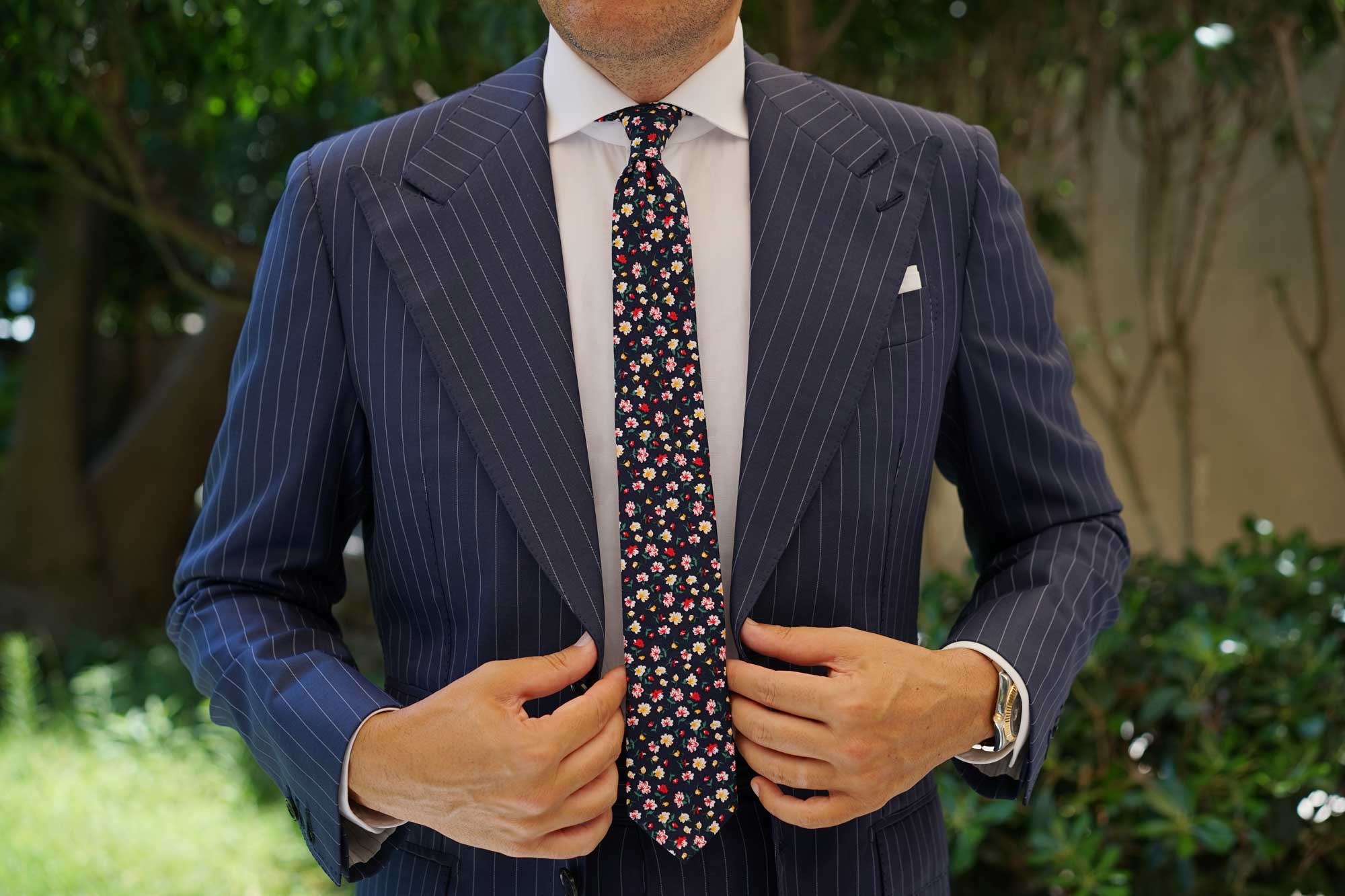 Navy Blue Liberty Floral Flower Skinny Tie - Image 8