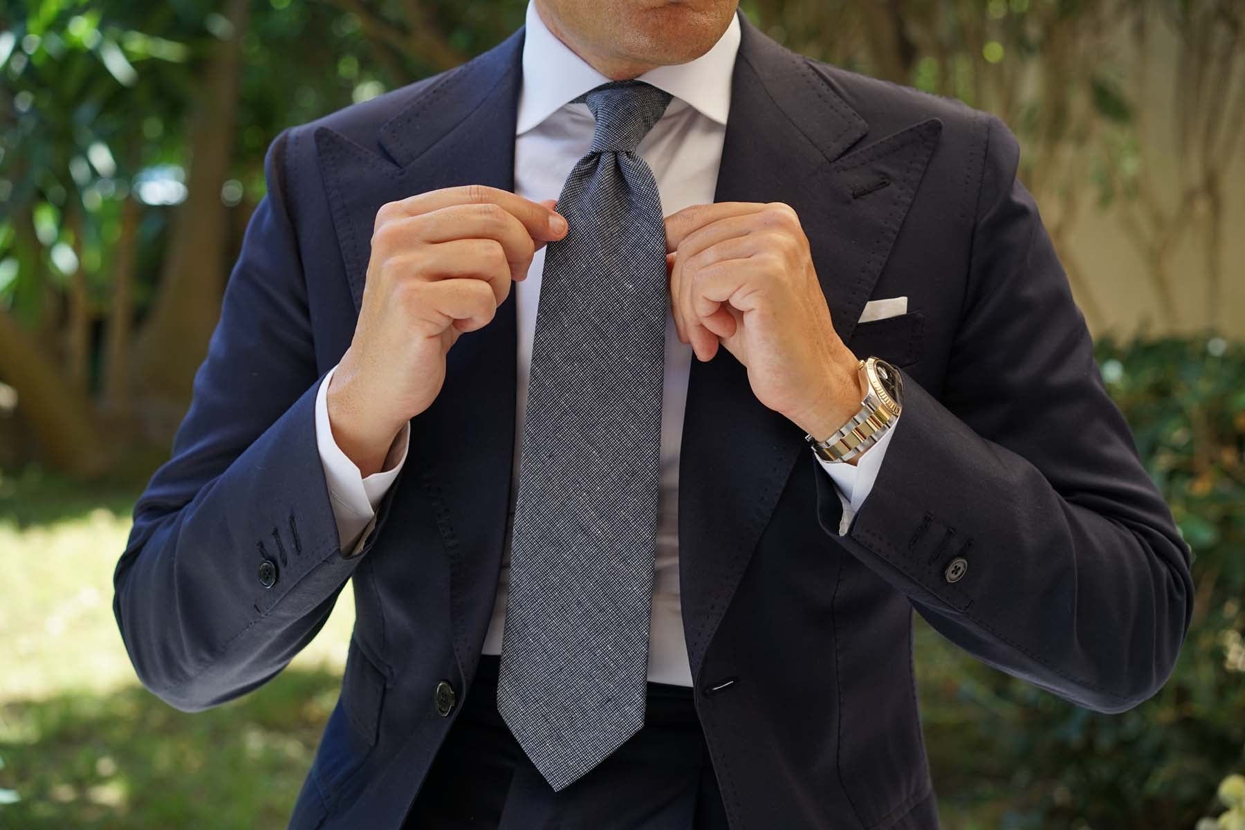 Navy Blue Needle Stitch Linen Necktie - Image 10