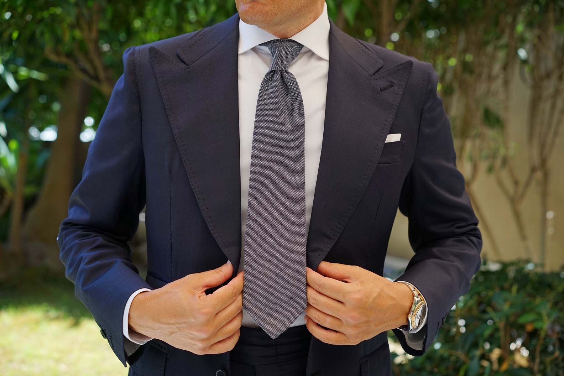 Navy Blue Needle Stitch Linen Necktie - Image 4