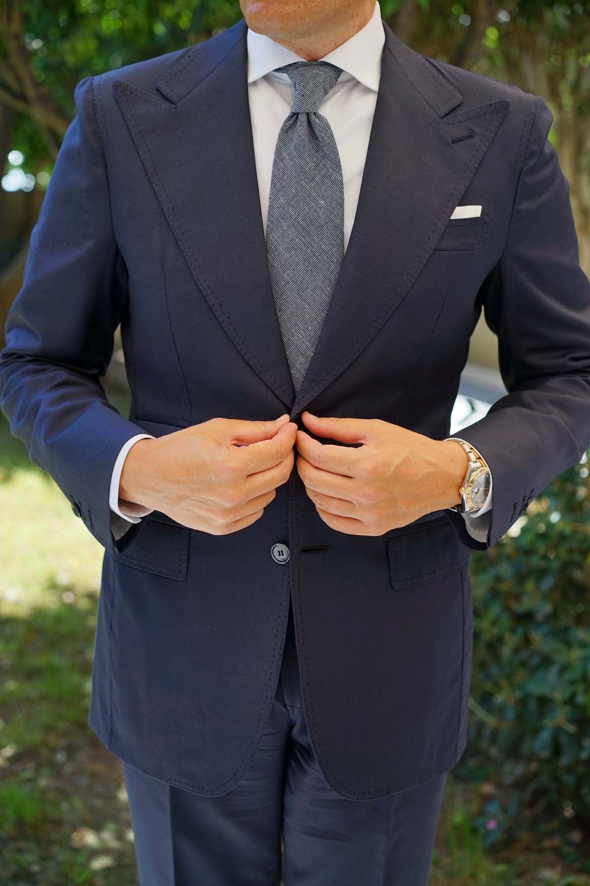 Navy Blue Needle Stitch Linen Necktie - Image 5